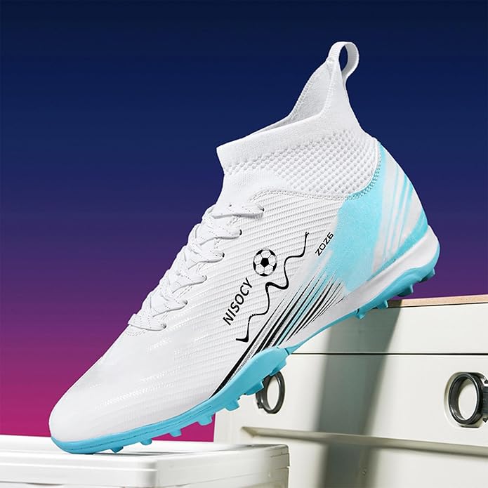 NISOCY Soccer Shoes for Mens Womens Professional Cleats High-Top Athletic Turf Football Shoe Outdoor/Indoor Professional Futsal Football Training Sneaker