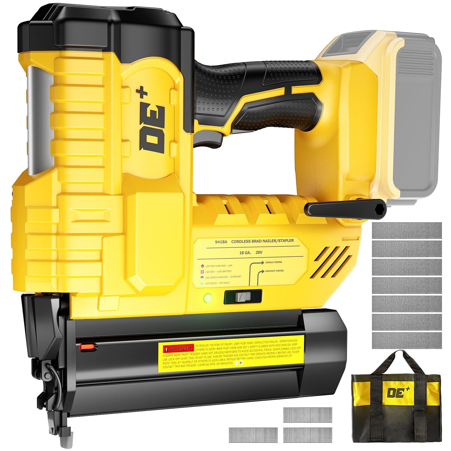 DeForce 18GA Cordless Brad Nailer, 2" Nail Gun for Dewalt 20V Max Battery, 2 IN 1 Electric Stapler, 2026 Upgraded Tool-Free Jam Release, 2 Modes, Adjustable Depth, 1000pcs Nails(No Battery), Yellow