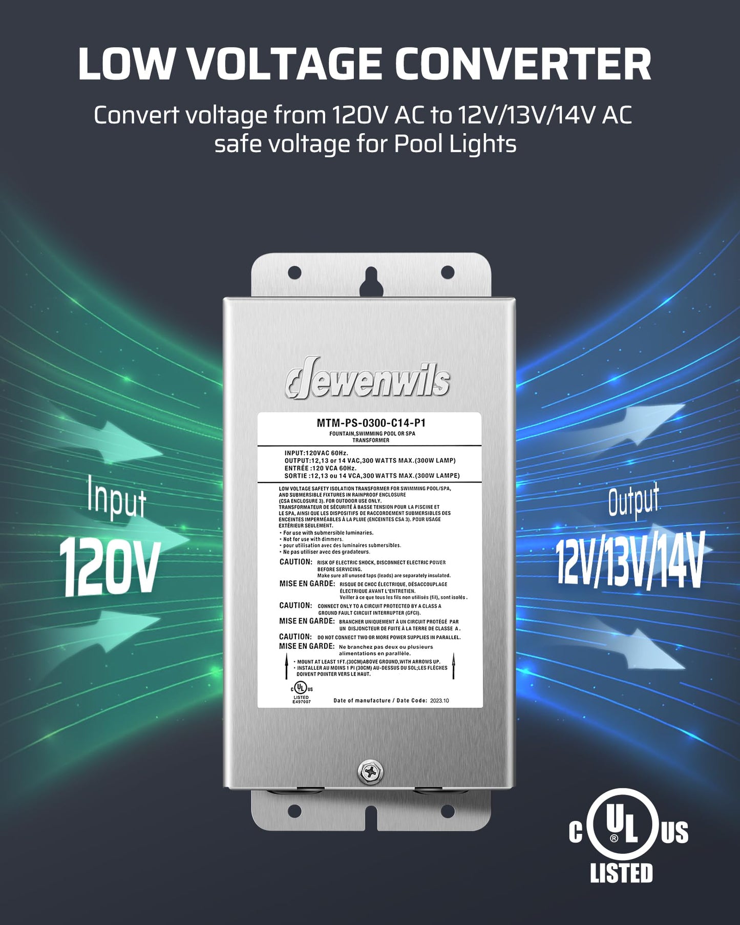 DEWENWILS Low Voltage Pool Light Transformer, 120V AC to 12V/13V/14V AC, Multi-tap Safety Transformer