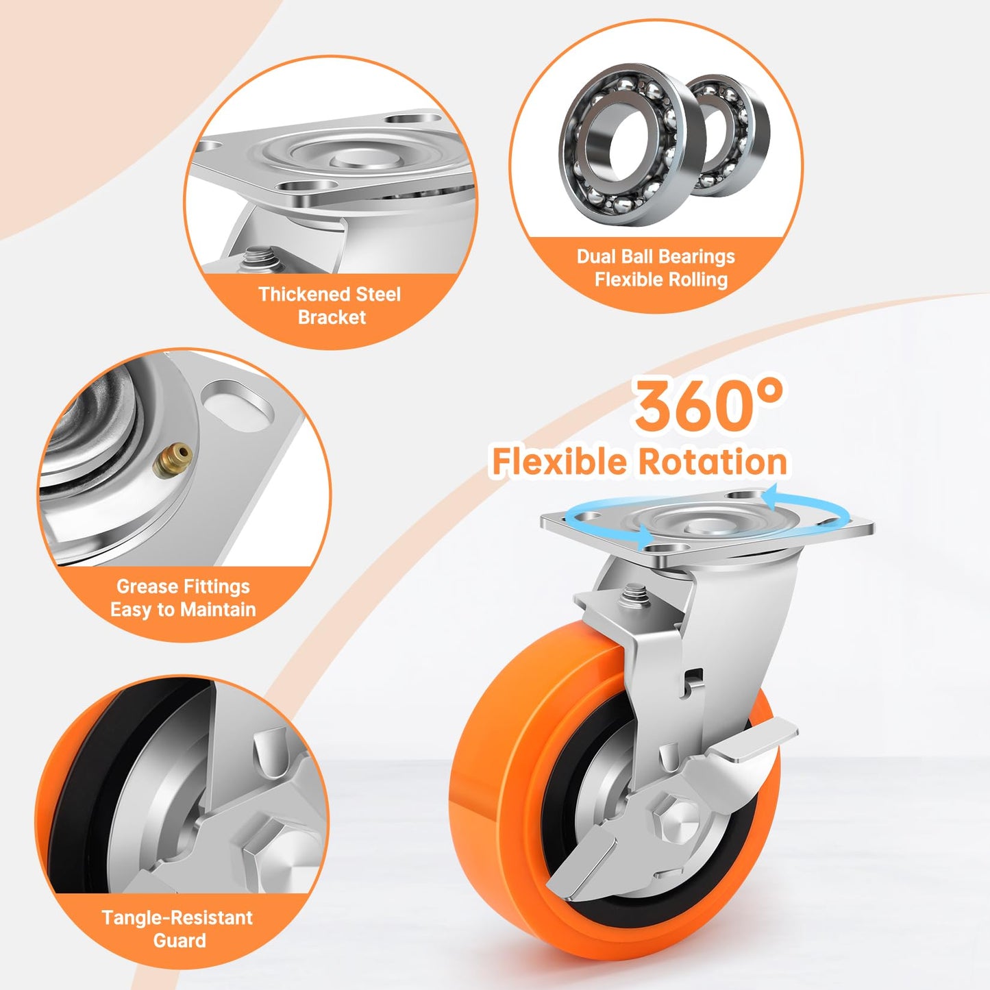 Humagineer 6 Inch Industrial Casters - Castor Wheels Sets 4 Heavy Duty with Dual Ball Bearing, Polyurethane Wheel Capacity up to 4500 lbs, Plate Swivel Wheels for Workbench, Equipment(4 Brake)