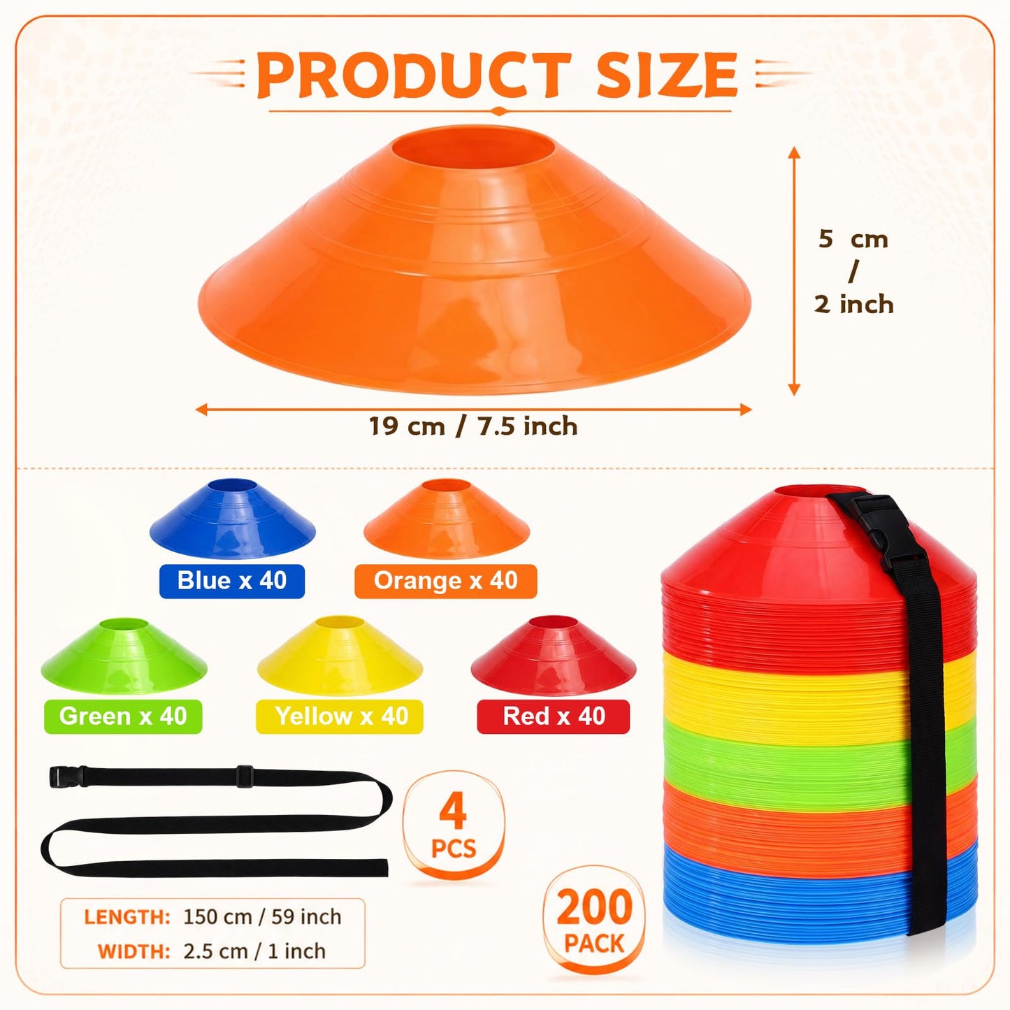 Yunsailing 204 Pcs Soccer Cones with Straps Set, Disc Training Cones Bulk Agility Cone Sports Cone for Drills, Challenge, Football, Basketball, Skating, Coaching, Practice Equipment, Indoor, Outdoor