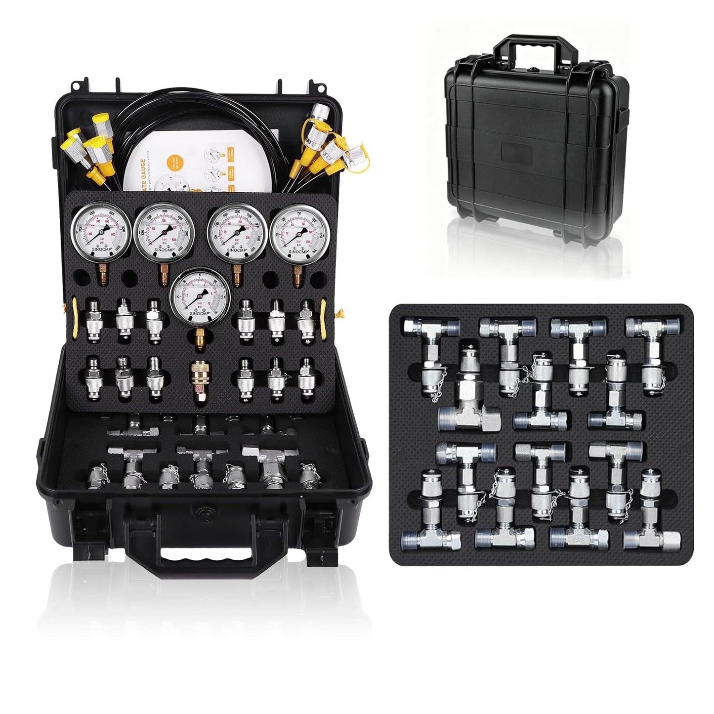 SINOCMP Hydraulic Pressure Test Kit with 5 Gauges 5 Test Hoses 13 Couplings 14 Tee Connectors, Hydraulic Tester Gauge Set 10/100/250/400/600Bar for Excavator Construction Machinery