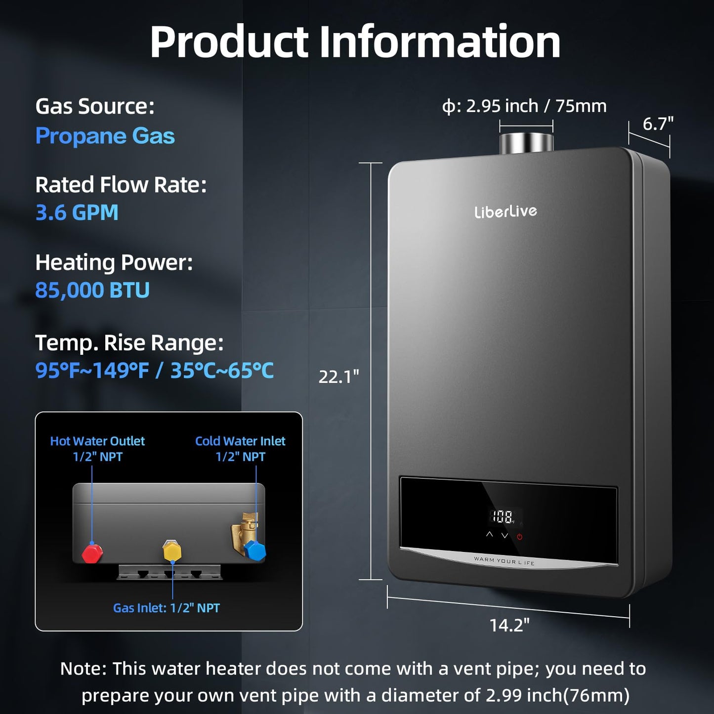 Propane Gas Tankless Water Heater, Indoor Max 3.6 GPM, 80,000 BTU On Demand Instant Hot Water Heater Propane Gas with LED Temperature Control Panel, 1/2" NPT Connector Size, Gray 3.6 P1