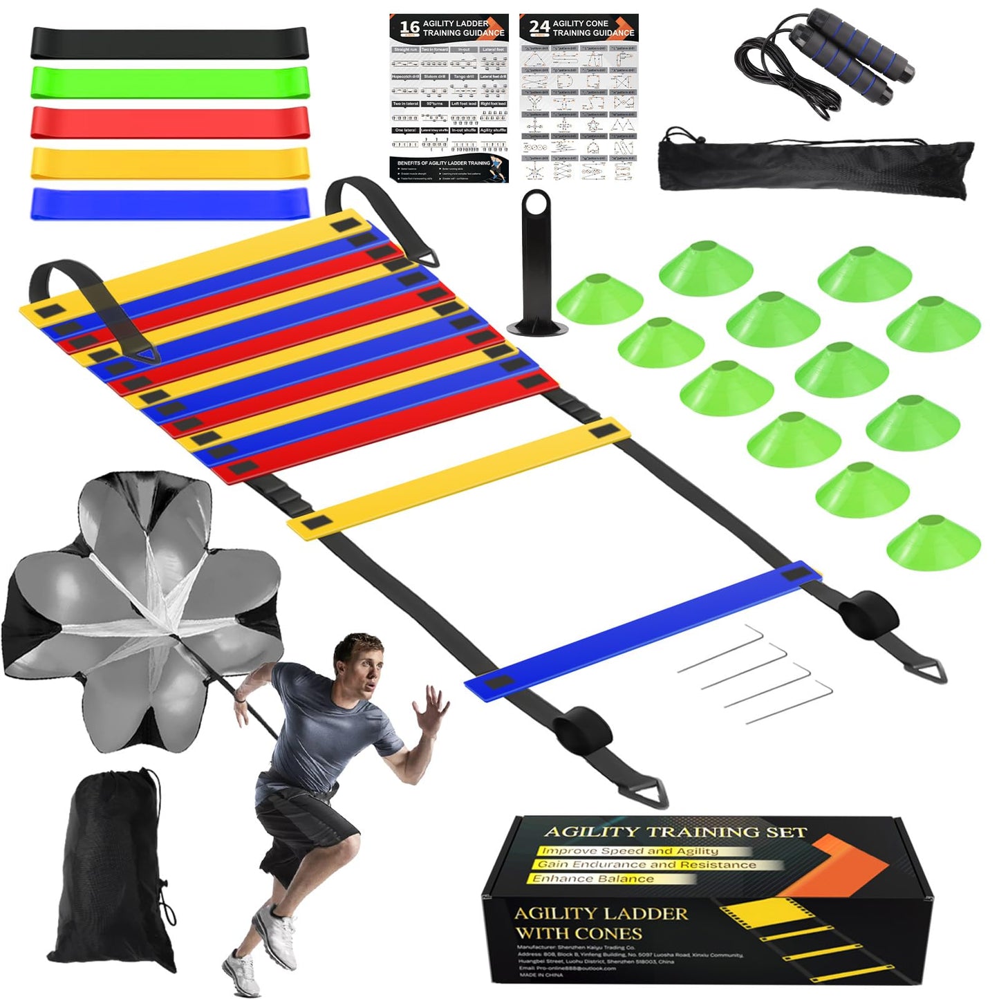 Speed Agility Training Equipment Set, Colorful Agility Ladder 20ft, 12 Football Cones, Resistance Running Parachute, Jump Rope, 5 Resistance Bands, Football Soccer Fitness Drills for Kids Adults