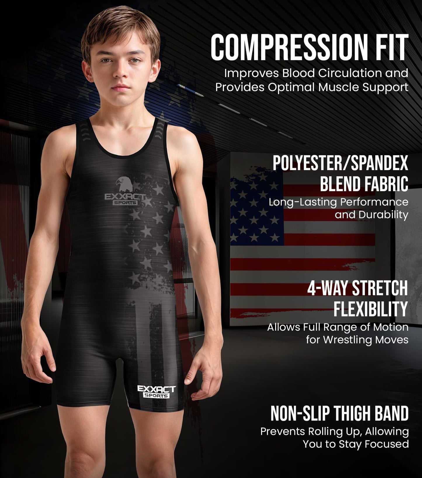 Exxact Sports Patriot Youth Wrestling Singlet For Boys, Premium Powerlifting Singlet, Kids Wrestling Singlets For Training (YXS, Black)