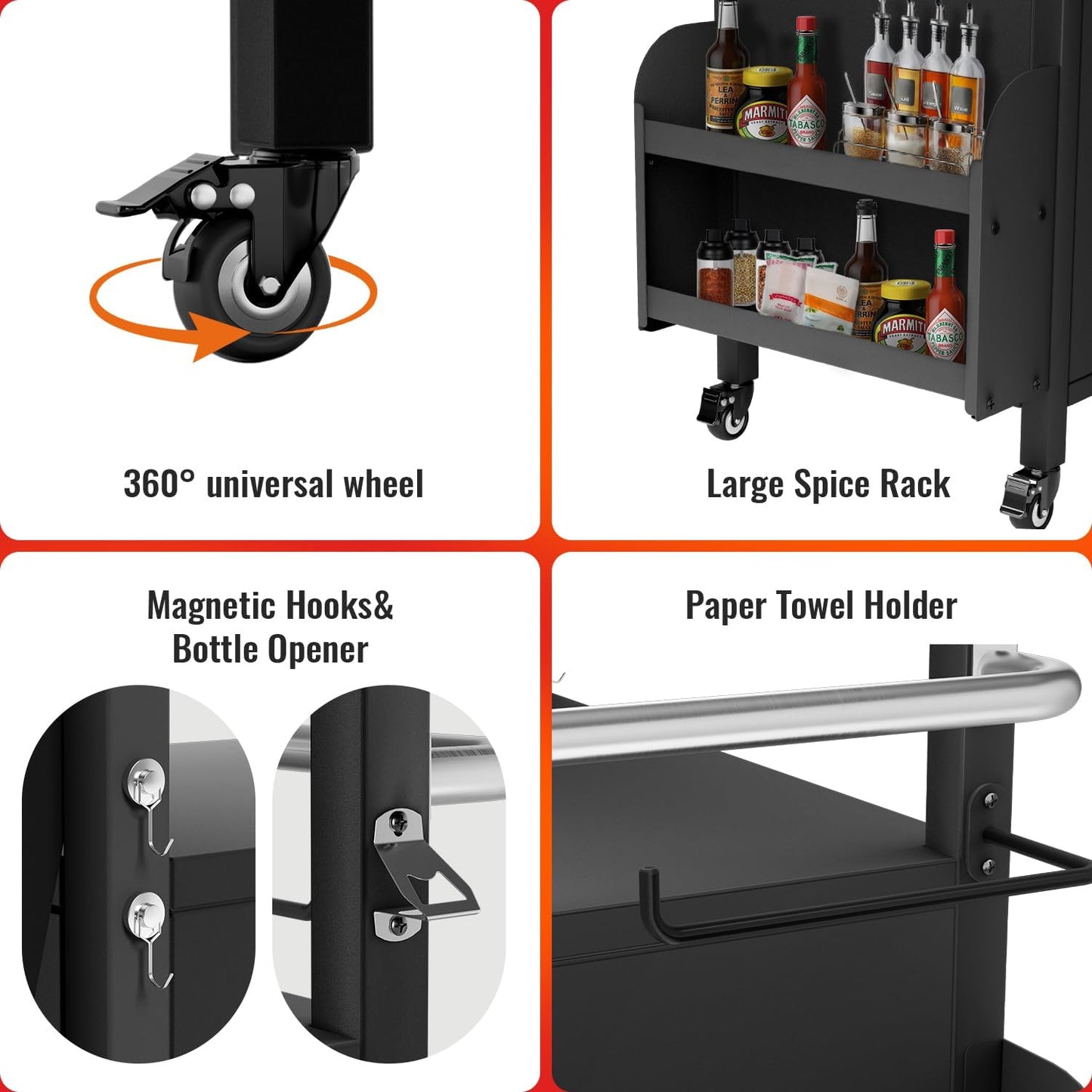StructoMax XL Outdoor Grill Cart with Cabinet, Extra-Wide Stainless Steel Table Top, Large Spice Rack & Lockable Wheels, Outdoor Kitchen Island Grill Table for BBQ, Cooking & Prep