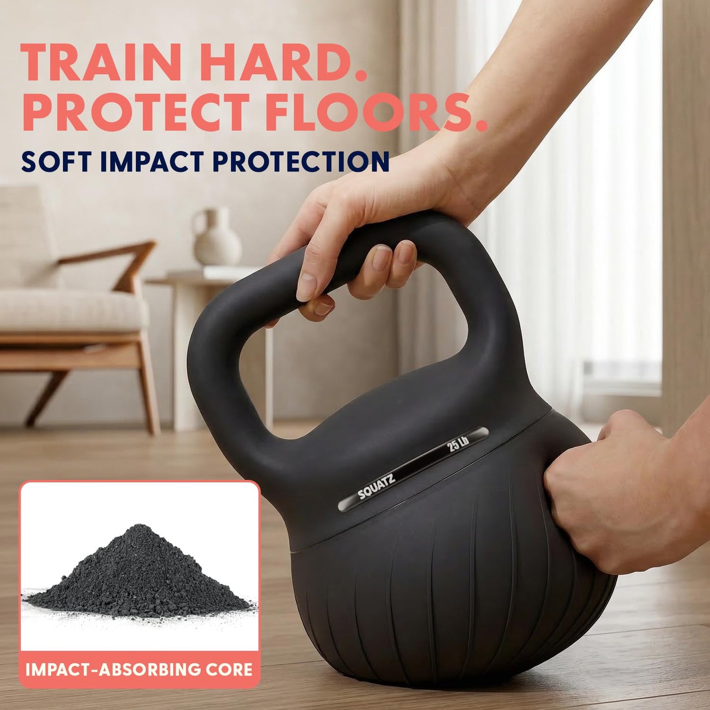 Squatz Soft Drop Kettlebell Set for Home Gym Strength Training - Cushioned Base Kettlebell Set with Wide Grip Handle, Floor-Safe Design, 15 lb, 20 lb, and 25 lb Weights for Full Body Workouts