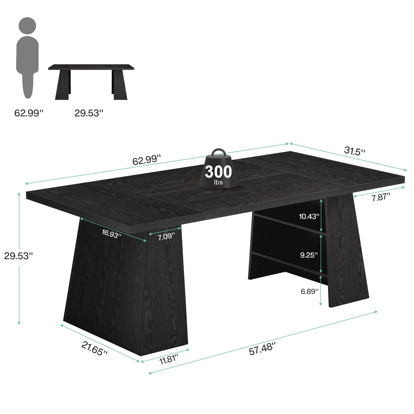 Tribesigns 63-Inch Executive Desk, Modern Black Office Desk with Double Pedestal and Storage Shelves, Simple Large Computer Writing Conference Table Workstations Business Furniture for Home Office