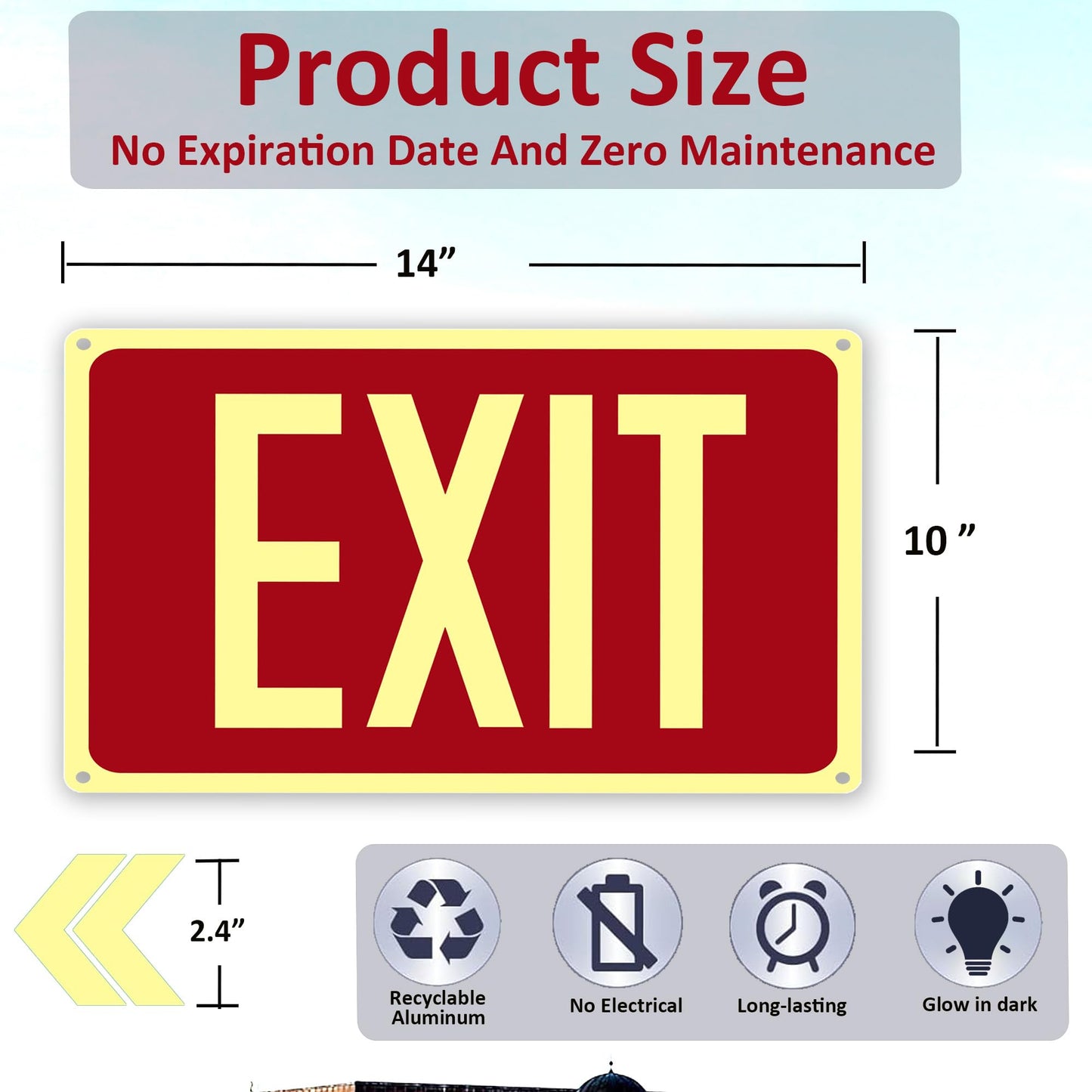4Pack Photoluminescent Exit Sign Red, 14"x 10" Aluminum Glow In The Dark Exit Signs with Strong Adhesive Backing and 8pcs Removable Directional Arrows Glow In The Dark,Easy to install