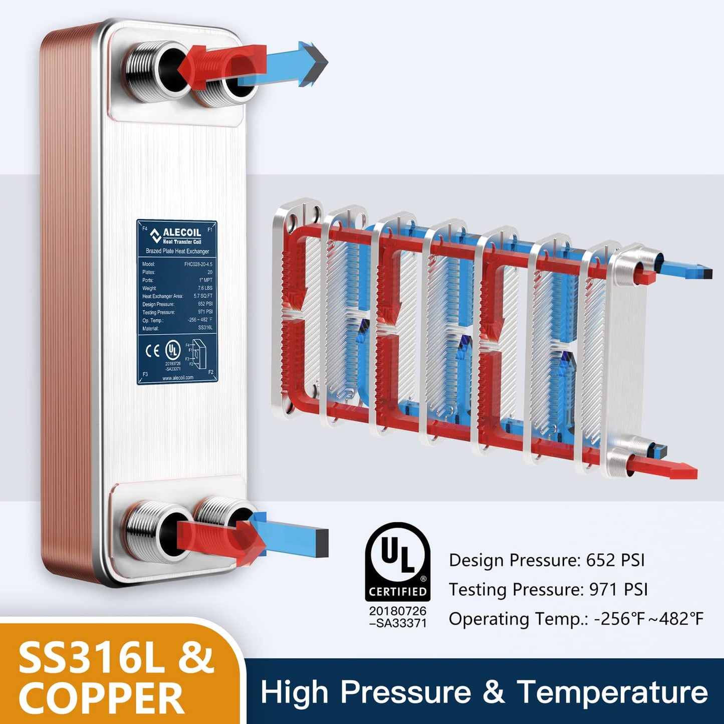ALECOIL 4"x12"-20 Plates Heat Exchanger with 1" MPT Port Water to Water 316L Stainless Steel Brazed Plate Heat Exchanger for Water Heating, Floor Heating, Industrial and Commercial Refrigeration