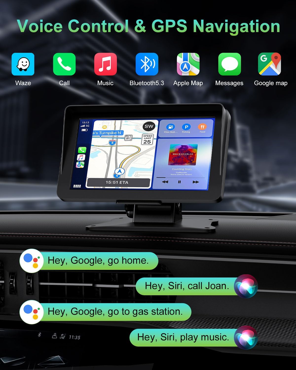 25HOURS 7" 1080P Apple Carplay Screen for Car, HD Portable Wireless Apple Carplay & Android Auto Touchscreen