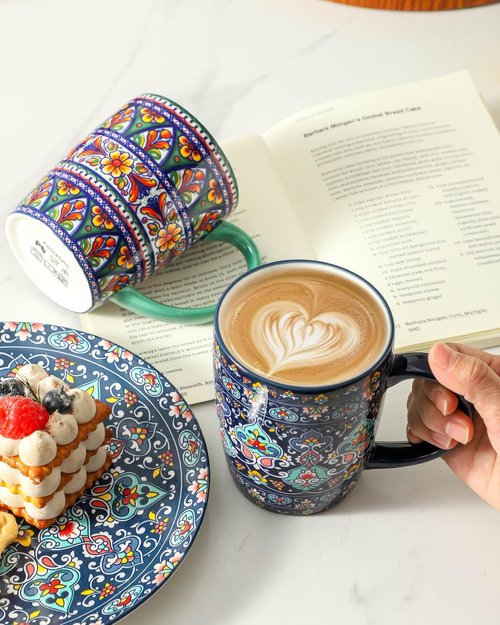 glowworm Coffee Mugs Set of 6, 16 oz Ceramic Coffee Mug with Handle, Large Coffee Cups for Latte, Cappuccino, Milk Dishwasher & Microwave Safe, Bohemian