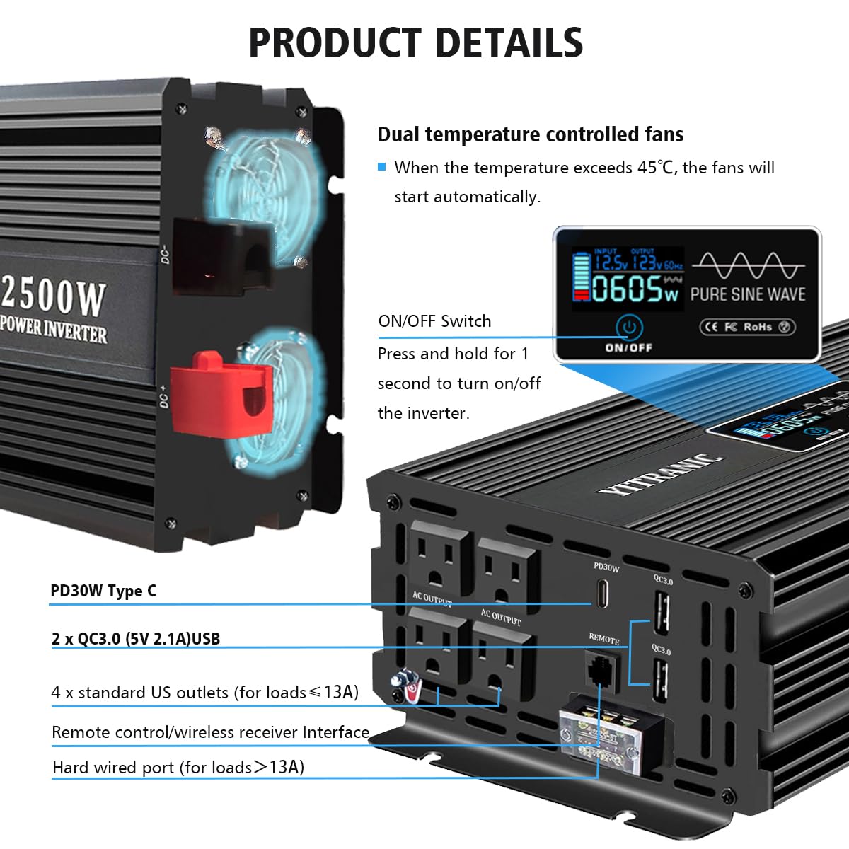 YITRANIC 2500W Pure Sine Wave Inverter 12V DC to 120V AC Upgraded 2000 watt Inverter, with164ft Wireless LCD Remote, USB/Type-C Fast Charging, Hardwire Port for RV, Home Emergency, Off-Grid Solar