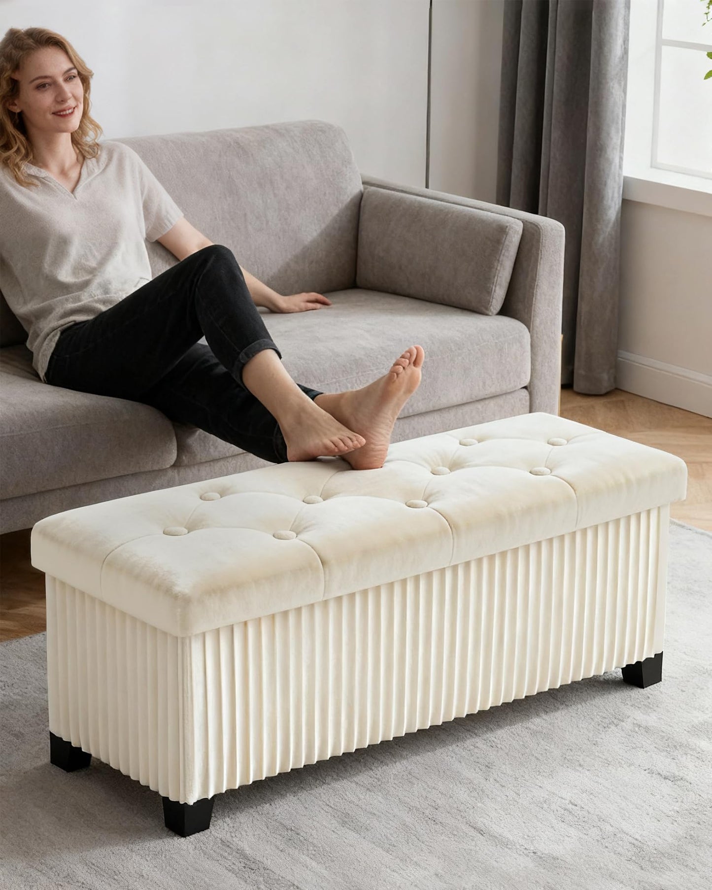 LITZFUR Storage Ottoman Bench, 43 Inch Foldable Ottoman with Legs, Velvet Foot Rest Stool, End of Bed Bench, Storage Chest for Living Room, Bedroom (Beige)