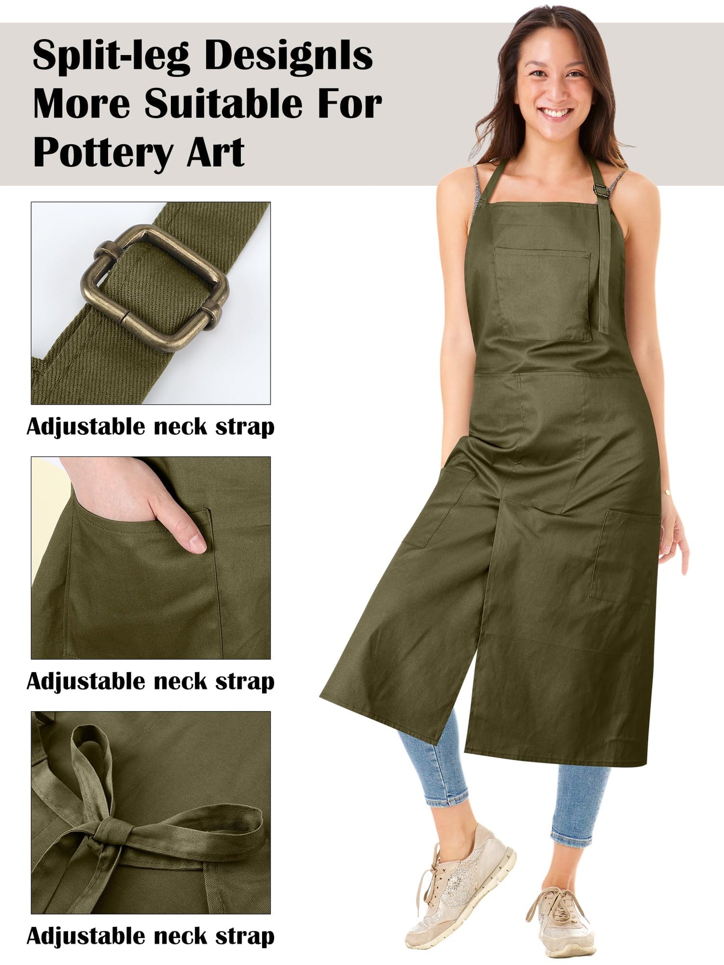 Breathffy 2 Pcs Pottery Apron Split Leg Adjustable Ceramics Apron with 3 Pocket Pottery Smock for Women Men Ceramic Wheel DIY(Sage Green, Beige)