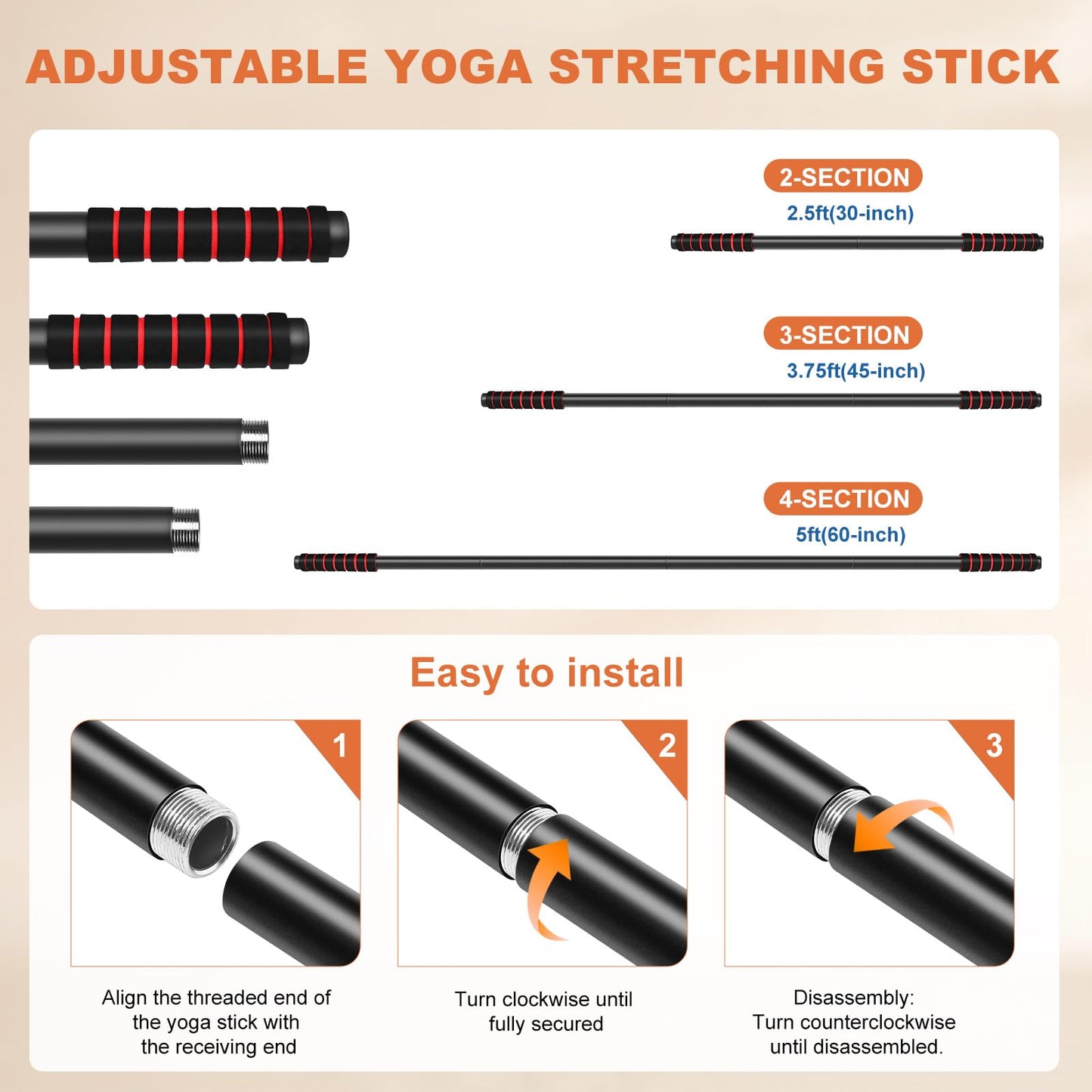 RACOC Yoga Stick Sturdy Steel, 5 Ft Adjustable Stretching Stick for Mobility, Flexibility and Balance, Versatile Exercise Stick with Non-Slip Ends and Foam Handles for Fitness, and Posture