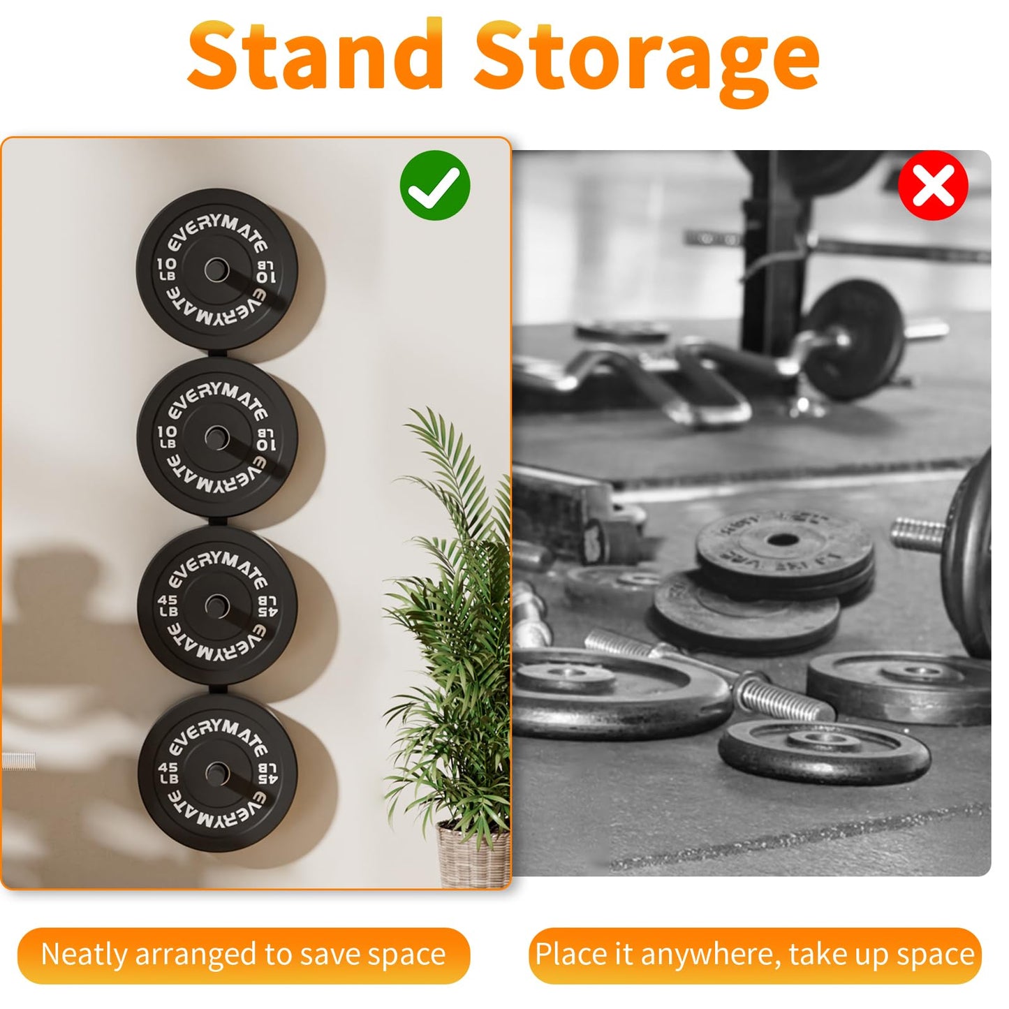 EVERYMATE Weight Plate Storage Rack, Wall Mounted Weight Plate Holder, Bumper Plate Storage for Home Gym, Heavy Weight Plates Holder Fit 2"Plates (4peg)