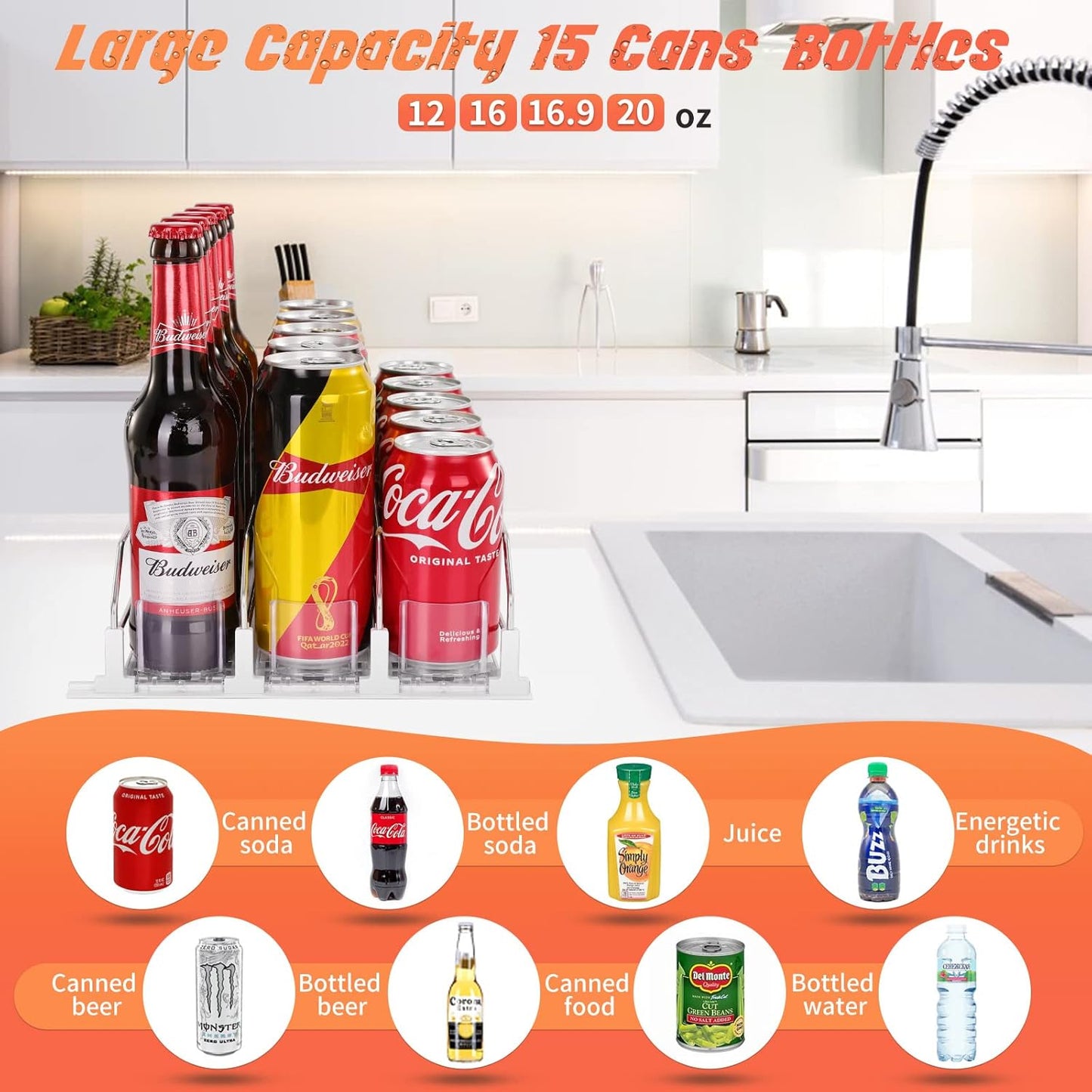 Skiennix Drink Organizer - Self-Sliding Soda Can Holder for Fridge | Adjustable Width, Holds 15+ Cans (3 Rows, 38 CM)