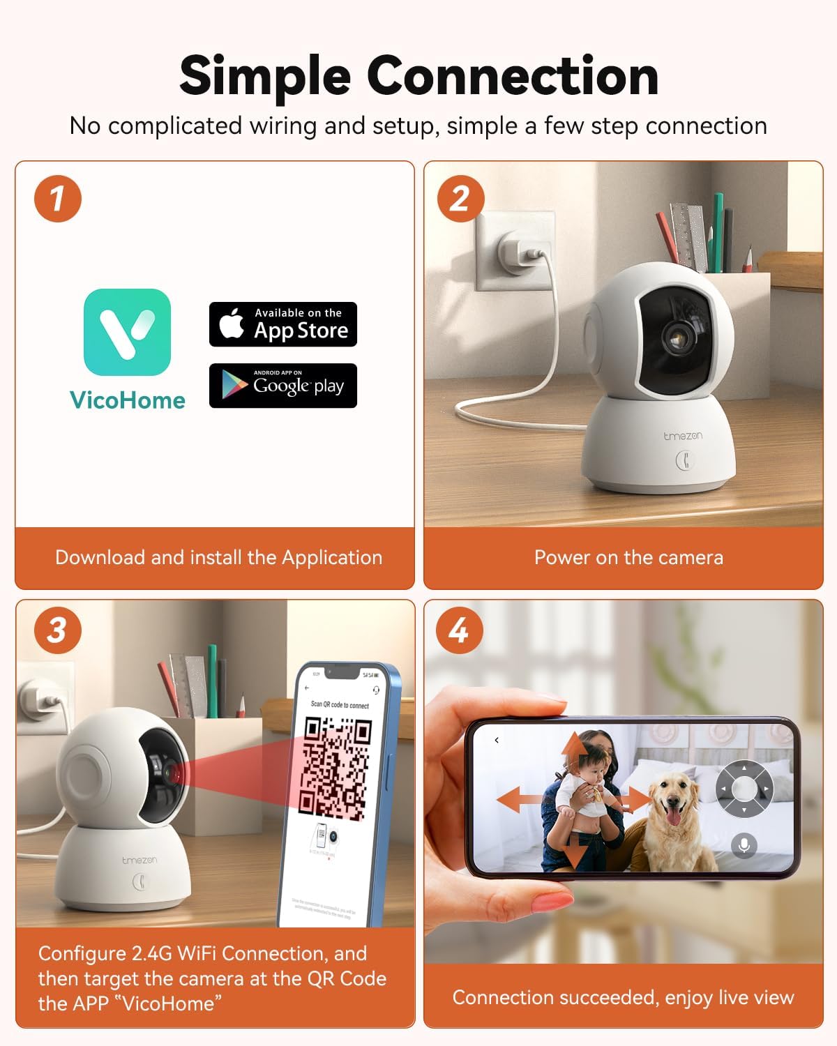 TMEZON 2K,Pan/Tilt 3MP 360 Indoor Security Camera Wi-Fi Pet Camera with Vicohome App WiFi IP HD Baby Camera