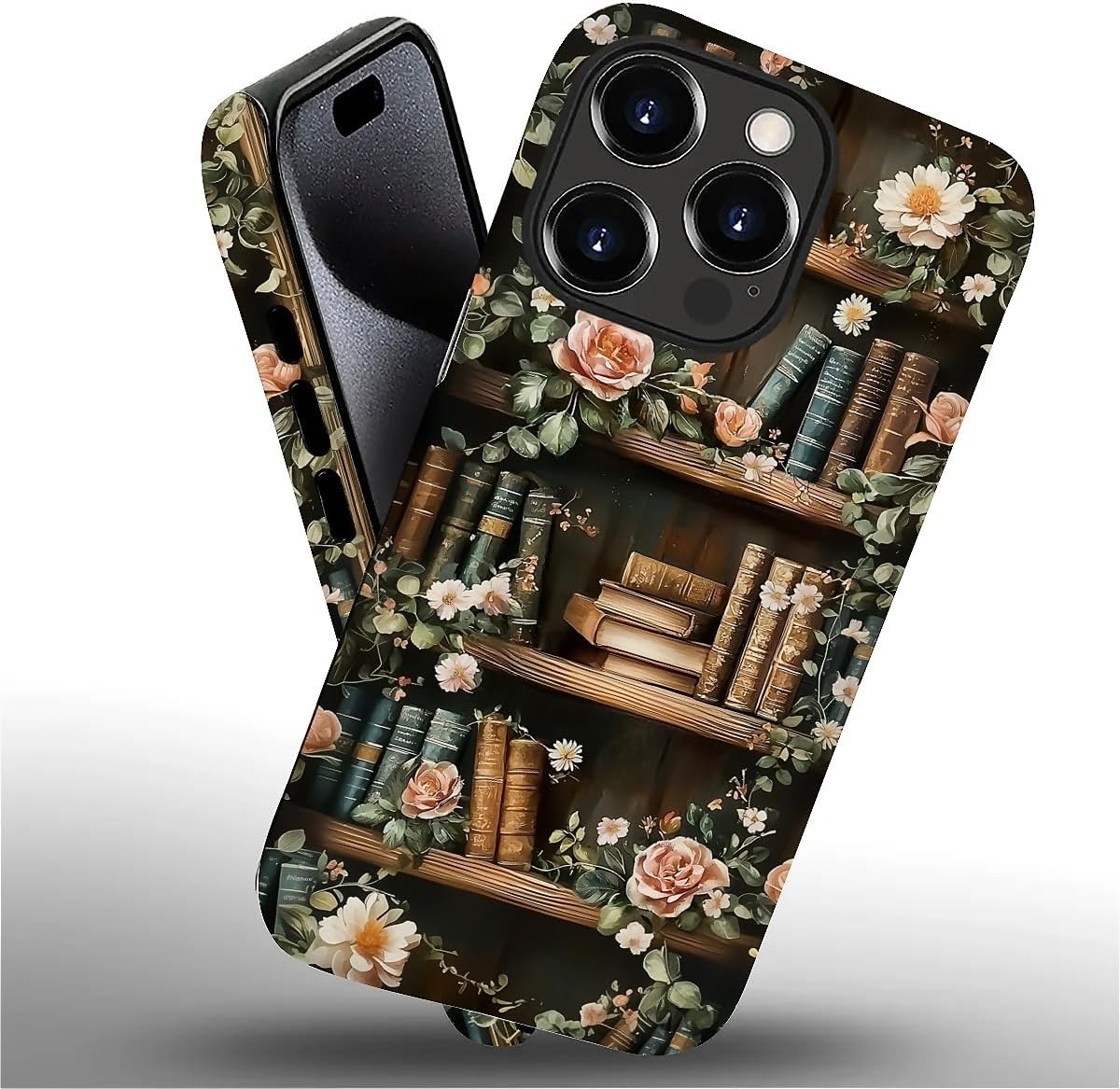 Akinmi 16 16 Case for iPhone Pro,Vintage Flowers Entwined Bookshelf Exquisitely Pattern Double Protective Phone Cover
