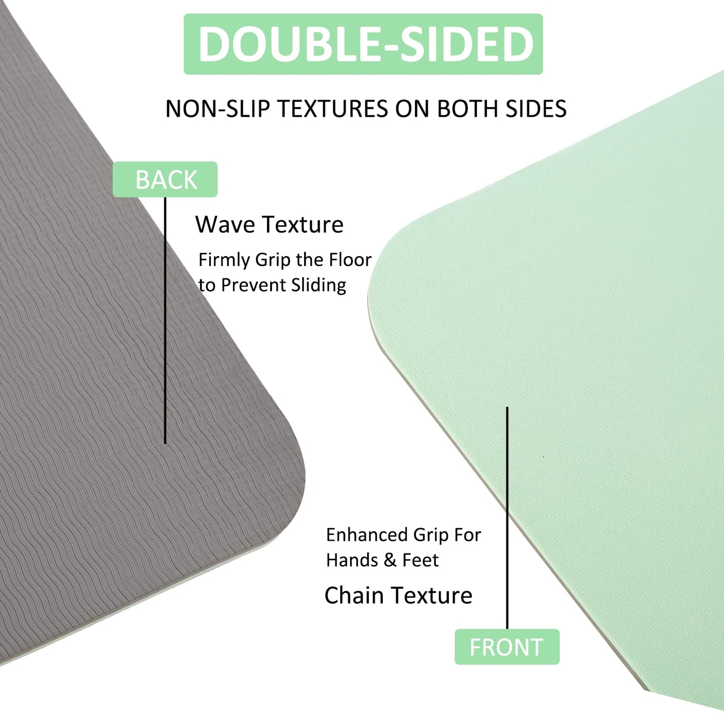 CAVIRA 1/3inch Thick (8mm) TPE Yoga Mat for Beginners, Non-Slip Cushioned Yoga Mat with Carrying Strap for Pilates, Stretching and Home Workout, 72 x 24 Inch, Green Grey