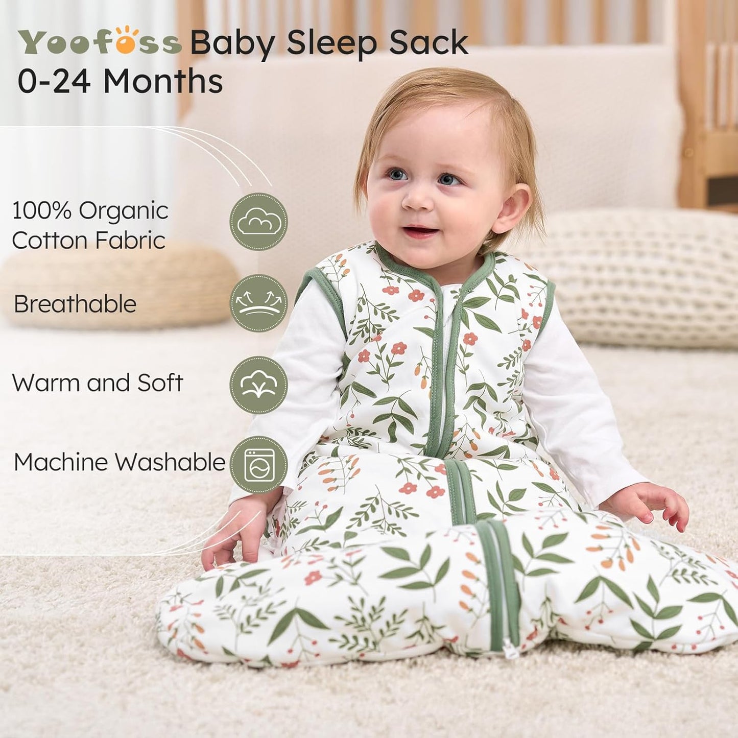 Yoofoss Baby Sleep Sack - 1.5 Tog Wearable Blanket for 12-18 Months | 100% Organic Cotton, Warm & Comfy