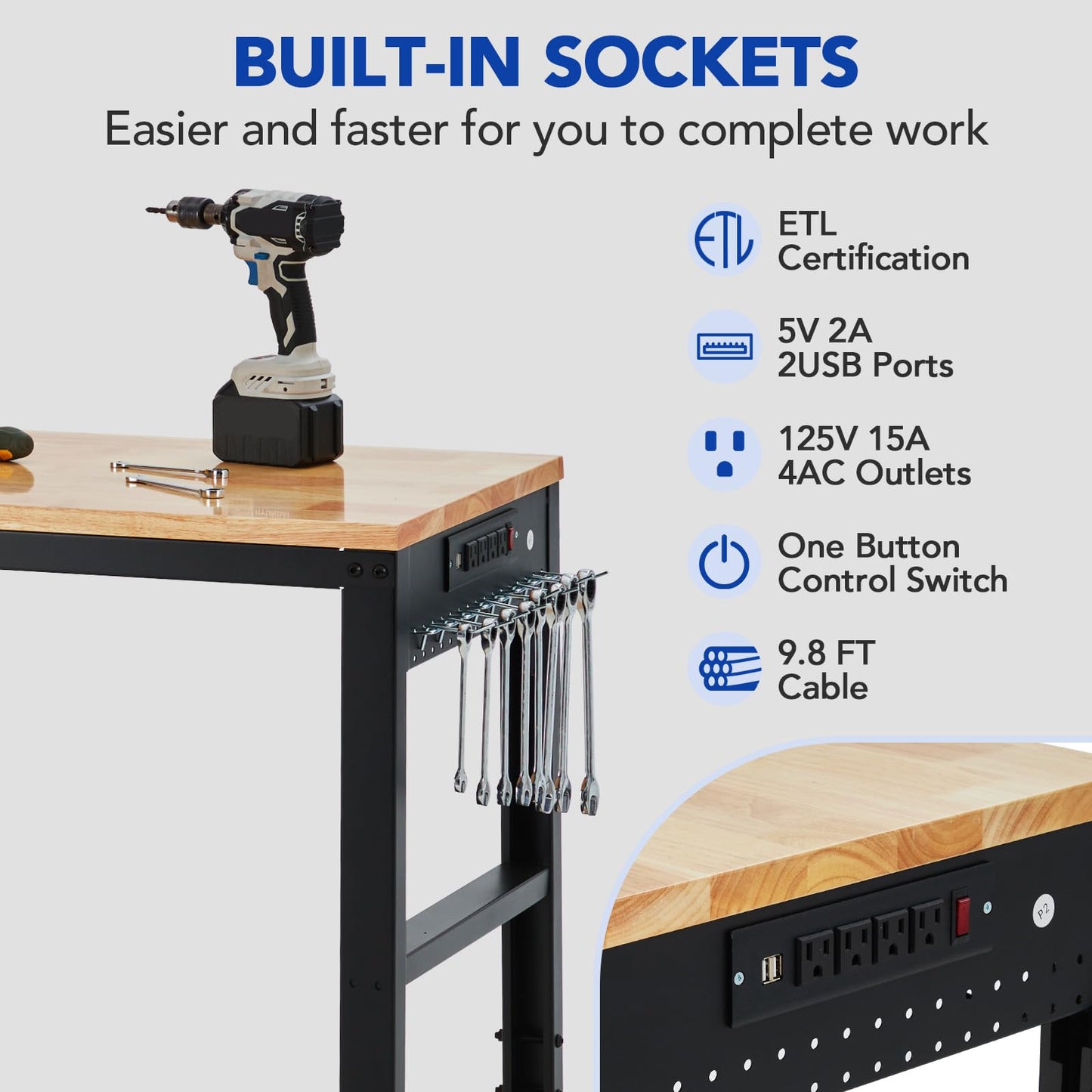 48"x20"Adjustable Workbench, 2000 Lbs Capacity, Heavy-Duty Garage Worktable with Built-in Power Outlet for Home, Office & Workshop, Adjustable Height 29.5"-38.4"