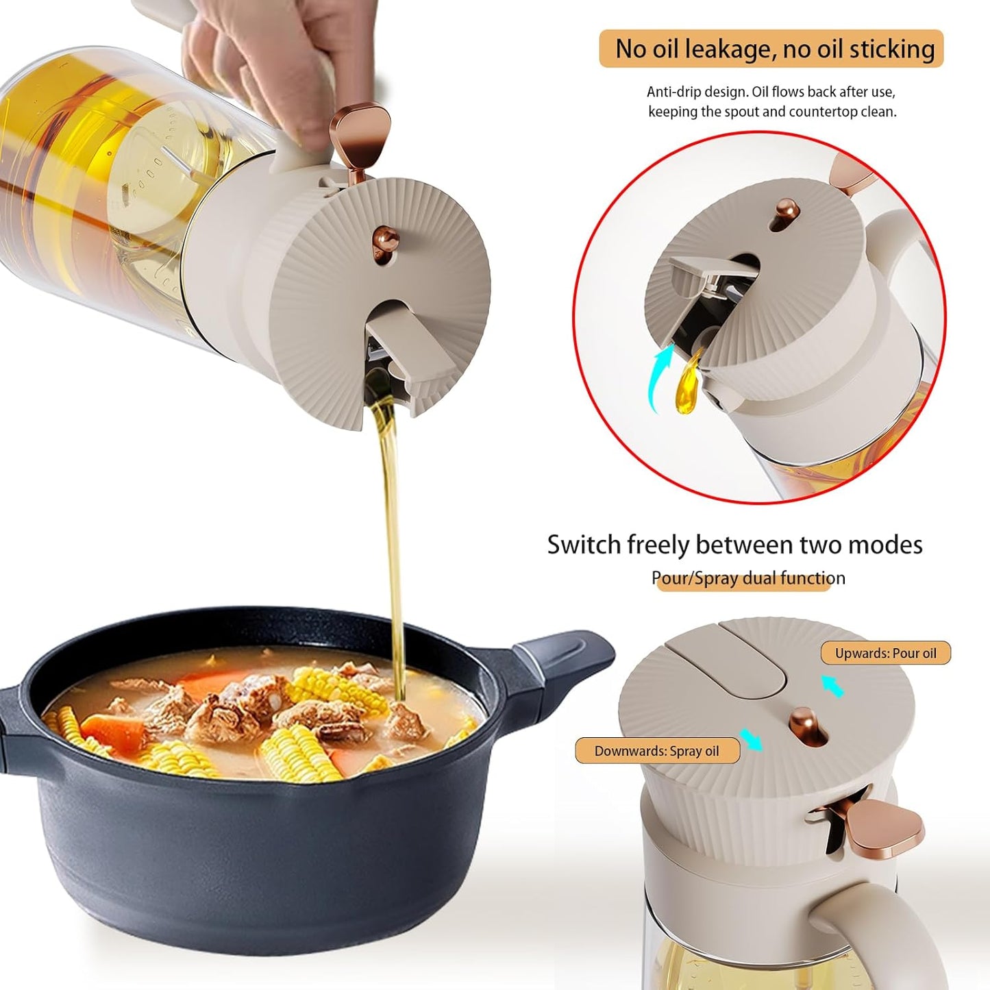 Skiennix Olive Oil Sprayer - 2-in-1 Leak-Proof Glass Dispenser with Mist & Precision Pour | 19.6oz/580ml