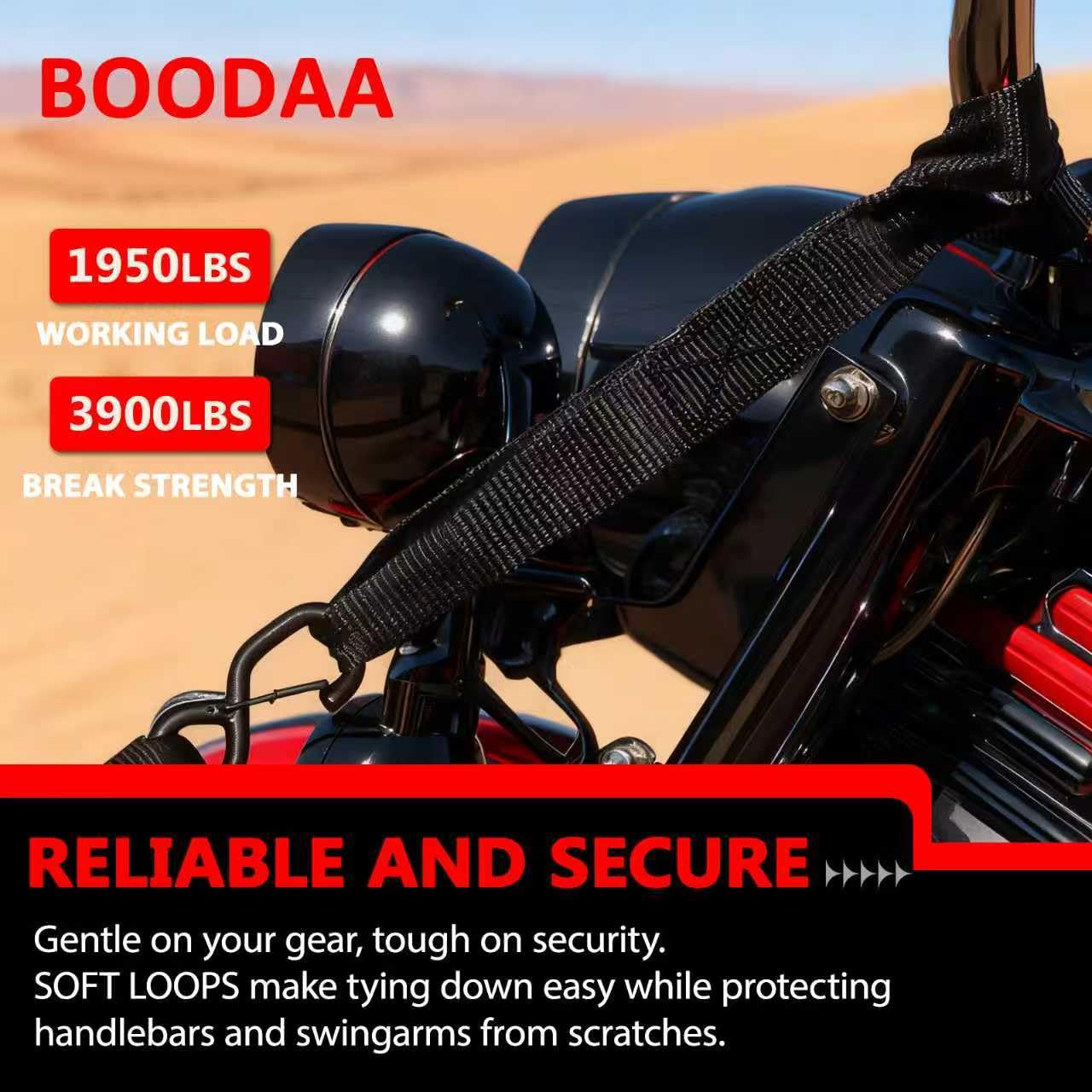 BOODAA 6 Pack Soft Loop Tie Down Straps, 3900 lbs Break Strength Heavy Duty Motorcycle Handlebar Straps for ATV, UTV, Dirt Bike, Trailer, Truck Bed, Kayak – Reliable Transport & Hauling