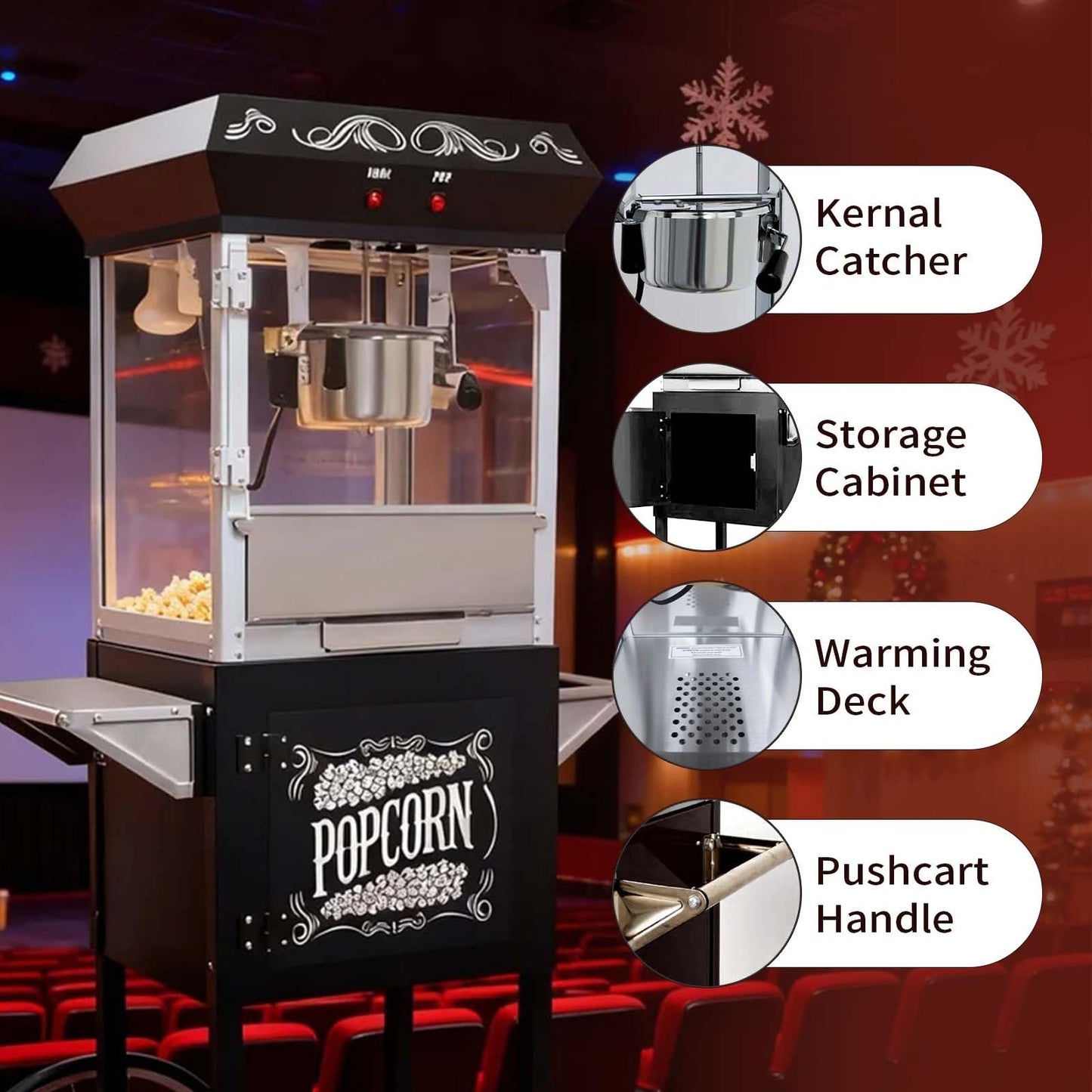 Trygoal Popcorn Machine with Cart, Popcorn Popper with 8 Oz Kettle Makes Up to 32 Cups, Nostalgia Professional Cart with Warming Deck and Old Maids Drawer, Movie Night Supplies for Home, Black