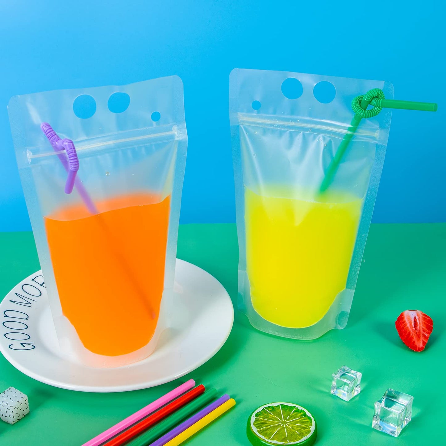 Ouddy 50 Pcs Drink Pouches, Juice Pouches for Adults, Reusable, Reclosable Zipper Smoothie Bags for Cold & Hot Drinks with 50 Straws & Silicone Funnel