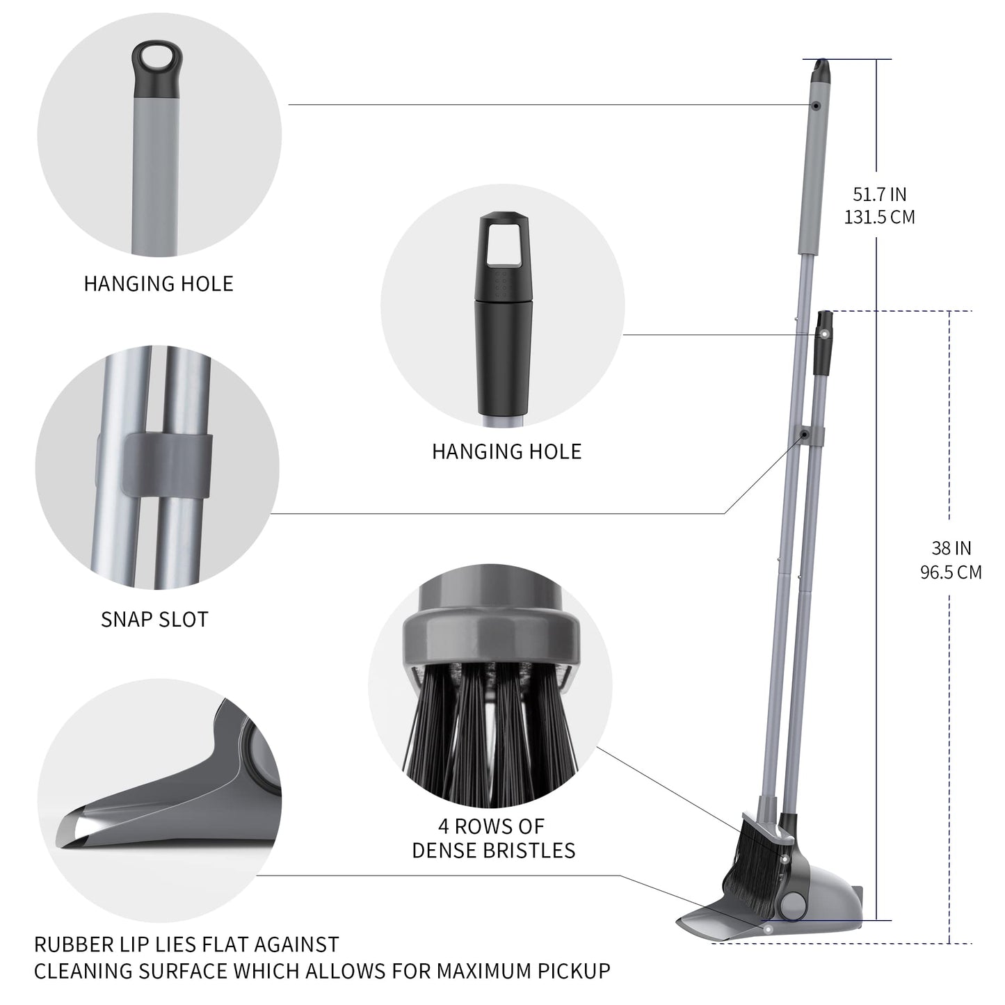 MR.SIGA Broom and Dustpan Set with Adjustable Long Handle, Upright Combo for Floor, Cleaning Lobby, Gray
