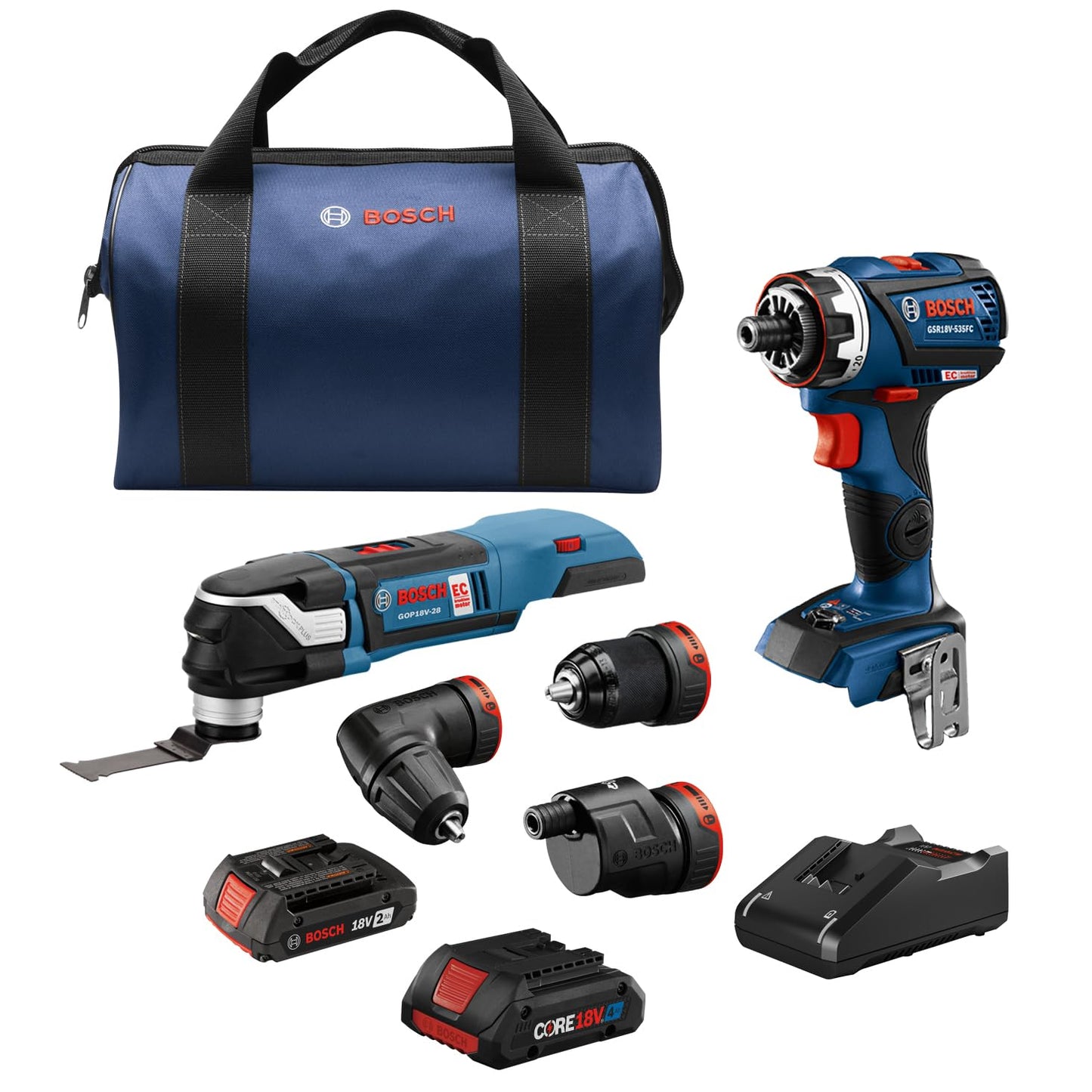 BOSCH GXL18V-270B22 18V Brushless 2 Tool Combo Kit with 5-in-1 Flexiclick Cordless Drill Driver and StarlockPlus Oscillating Multi Tool (Tool Set Includes: CORE18V Battery, Charger & Attachments)