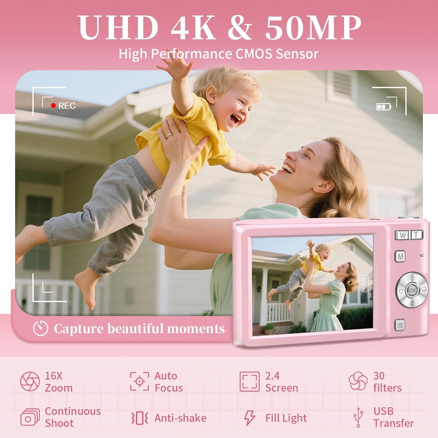 Basdecm 4K 50MP -16X 6 7 8 9 10 Digital Camera for Kids: Pink Camera for Photography Zoom Anti-Shake, Date Stamp