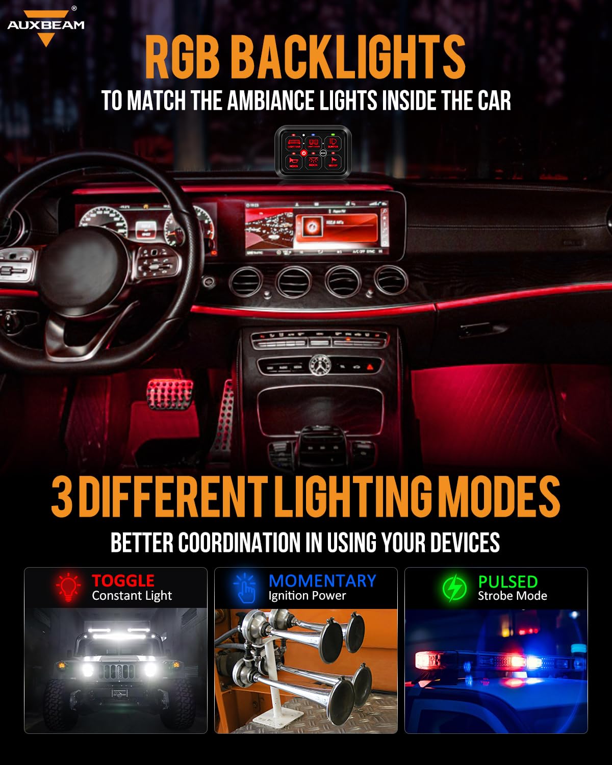 Auxbeam 6 Gang Switch Panel RA60 Toggle Momentary Pulsed RGB Dimmable Switch Panel Multifunction Switch Panel Built in Solid State Relay Marine Control Panel Waterproof for Car Boat, 3 Years Warranty
