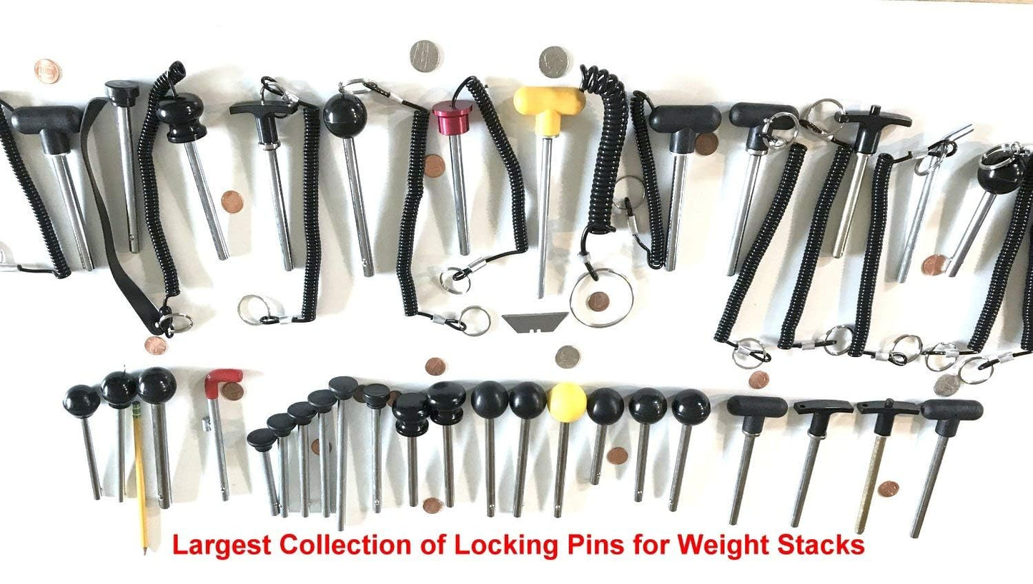 Pin, Tensile - MAGNETIC Universal Weight Stack Replacement SELECTOR KEY - 3/8" Dia | 4" to 4 1/2" Locking Space | DETENT Hitch PINS - RED Anodized Al. Knob w/ reinforced steel wire Laynard
