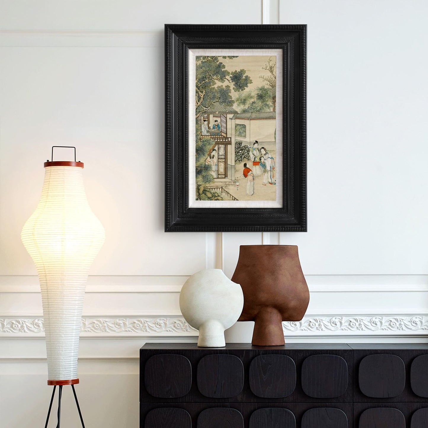 SoochART Black solid wood embossed frame, wall art oil painting style print,Japanese-style decorative painting of a Chinese woman in a landscape