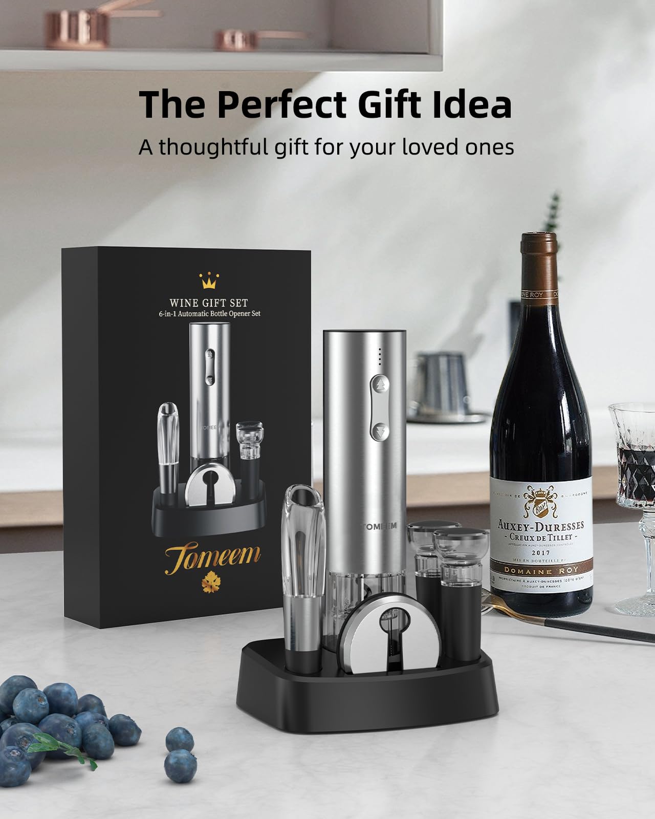 Rechargeable Electric Wine Gift Set - Aerator, Vacuum Stoppers, Foil Cutter and Bottle Opener for Home Bar and Outdoor Parties (Silver, Wine Opener Set)