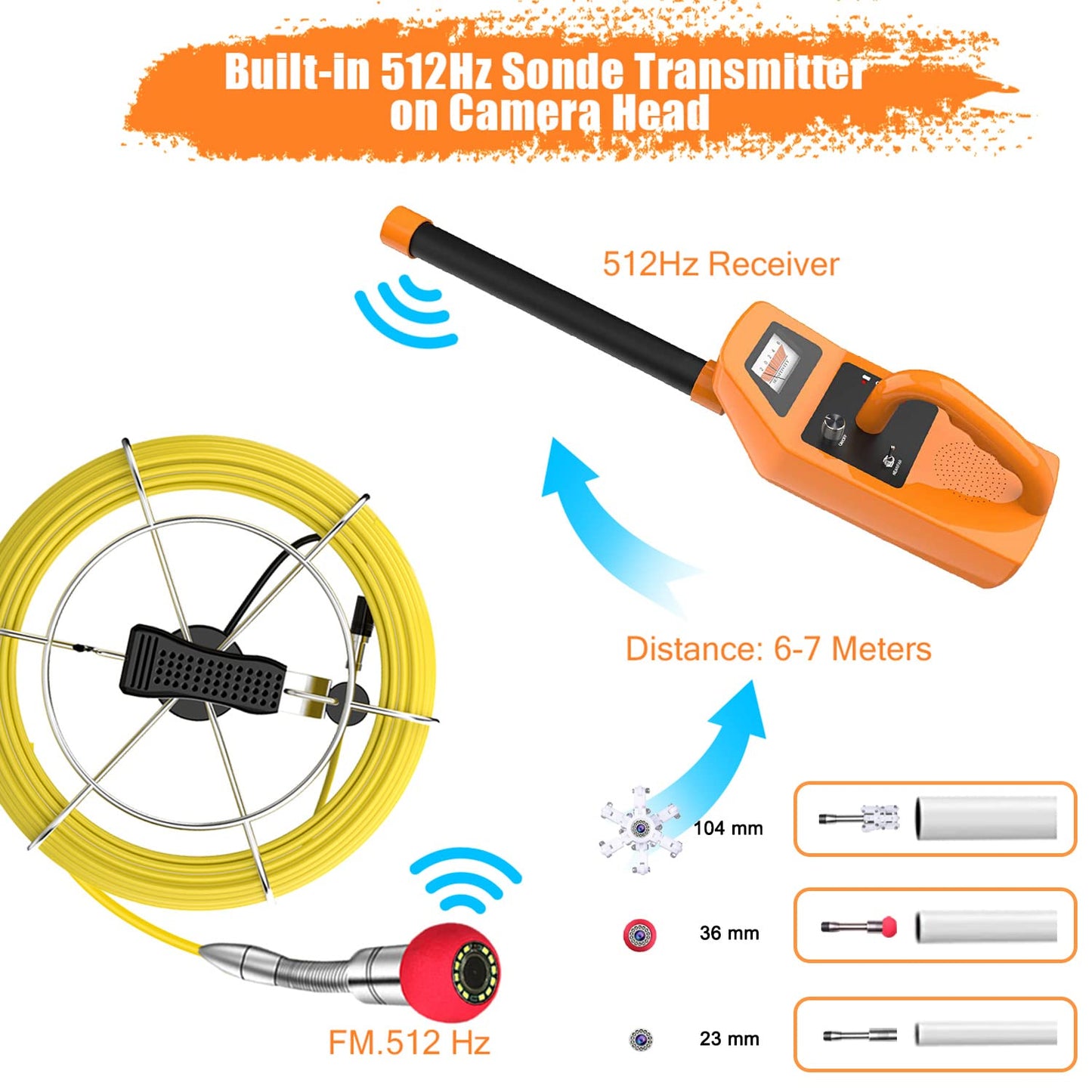 Anysun Sewer Camera with Locator, Pipe Camera with 512Hz Sonde Transmitter and Receiver, IP68 Waterproof Industrial Plumbing Endoscope Drain Snake Cam with 7" LCD Monitor, 8G SD Card (100Ft/30M Cable)