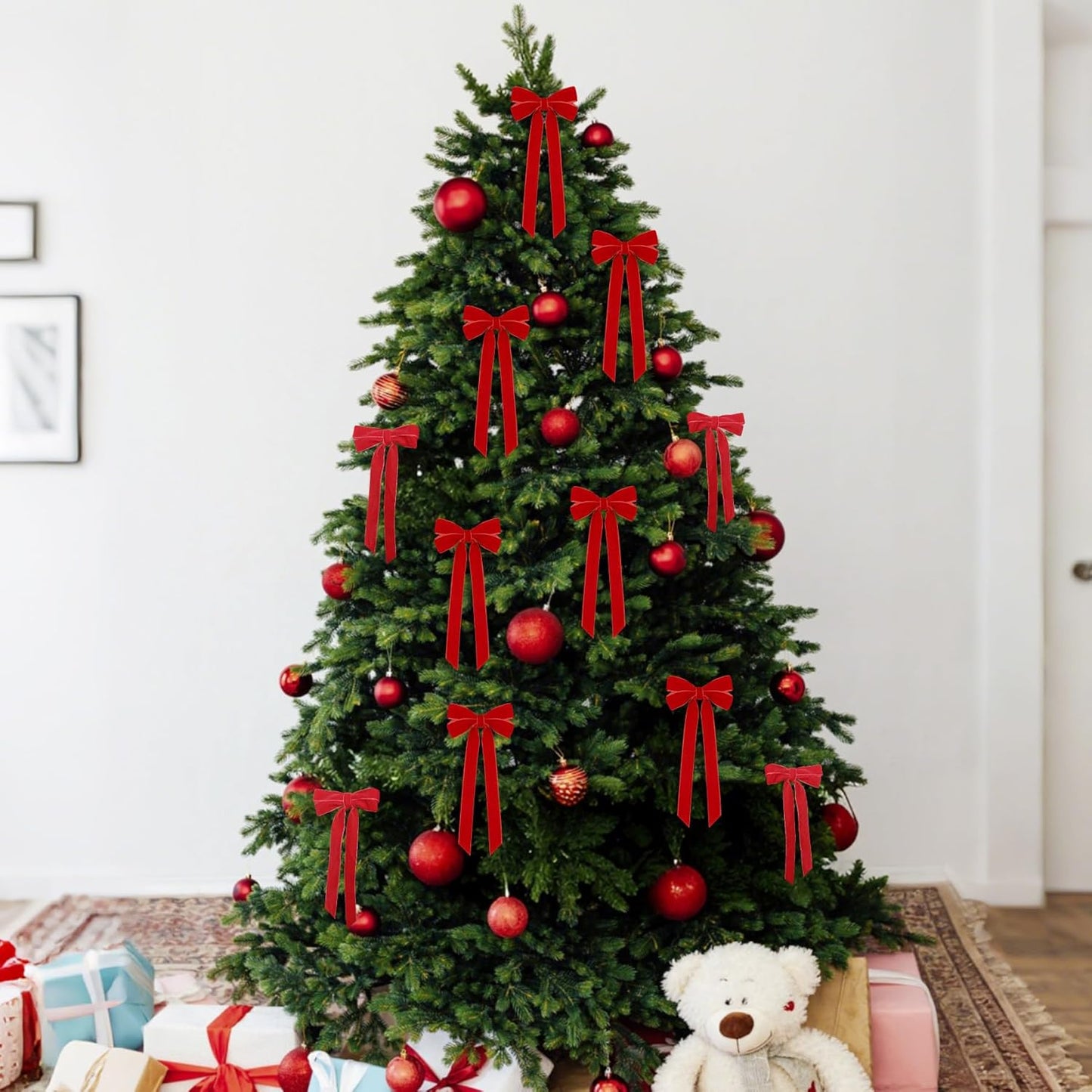 Regine Switzerland 12Pcs Red Velvet Ribbon Bows - 5in x 10in Xmas Tree Ornaments for Holiday Decor
