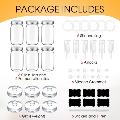 Honeydak 6 Pack Fermentation Jar Kit Include 34 oz Wide Mouth Mason Glass Jars with Fermenting Weights and Airlocks, Stainless Steel Lids, Pickle Jar for Kimchi, Sauerkraut, Vegetables, Yogurt
