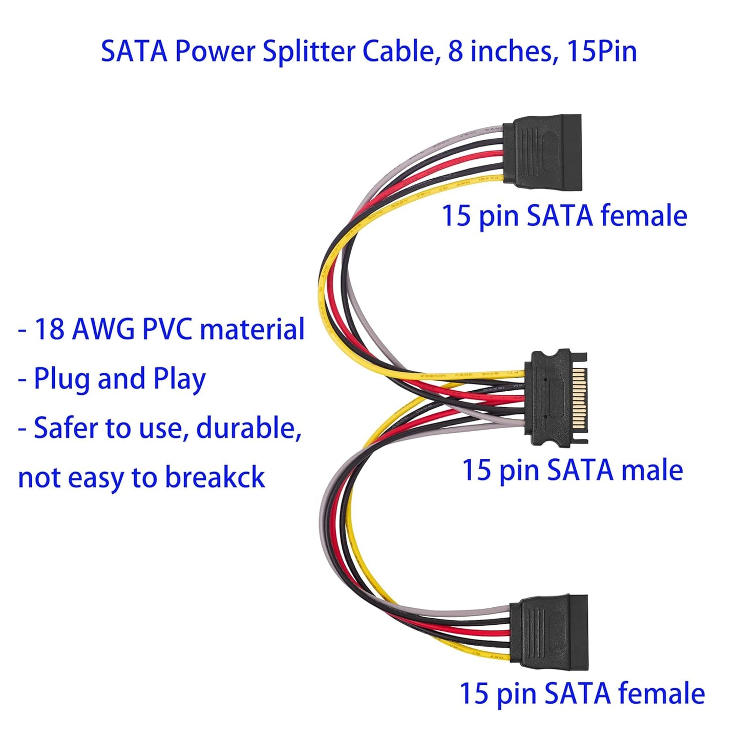 Menewstart 2 8 Inches, 3-Pack, 15 Way SATA Power Splitter Cable Pin SATA Power Y-Splitter Cable, Power Supply