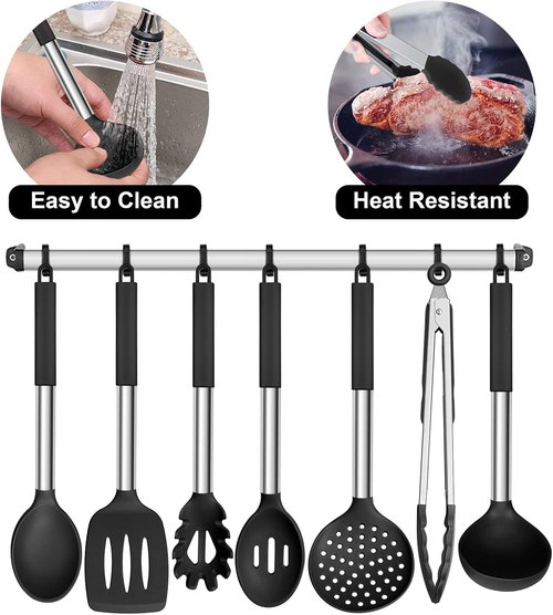 E-far Silicone Cooking Utensils Set - 7 Heat Resistant Kitchen Tools with Stainless Steel Handles | Black