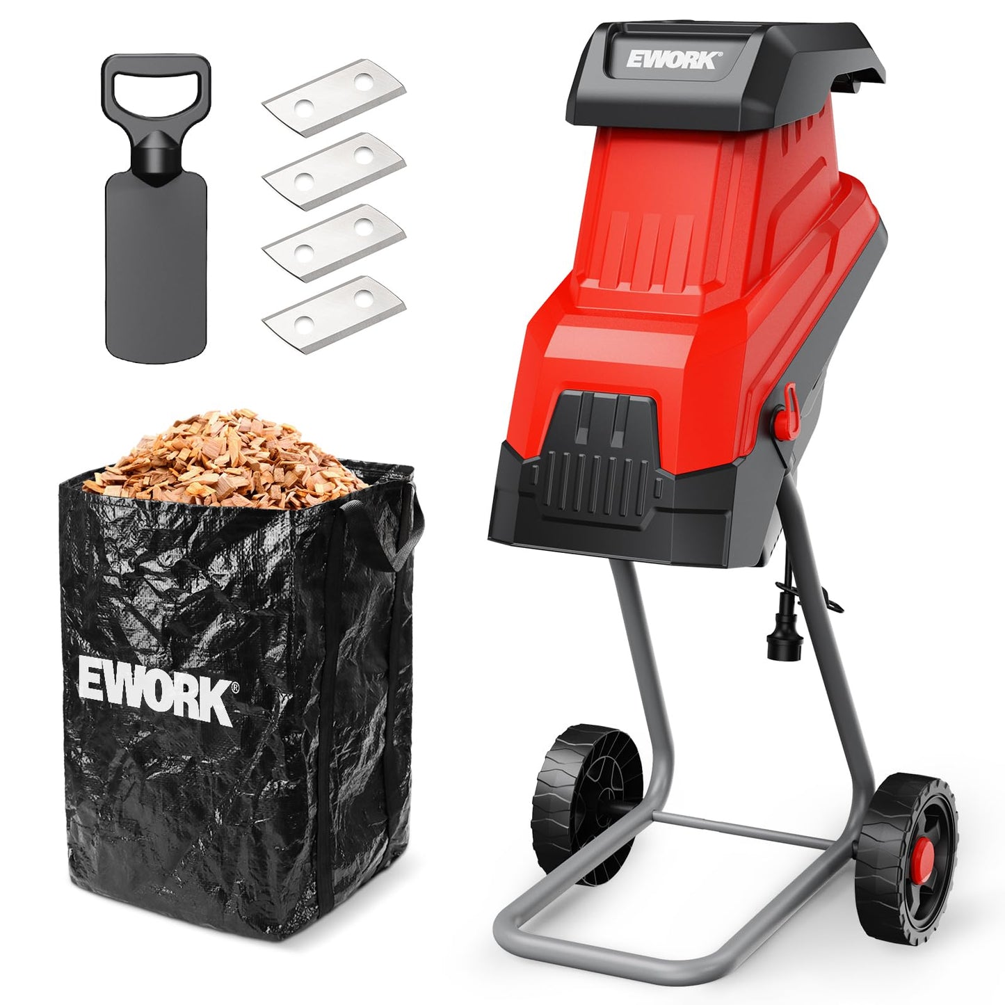 EWORK 15-Amp Electric Wood Chipper Shredder, 15:1 High Reduction Ratio with 4 Steel Blades Included, 1.77 Inch Capacity, Garden Mulcher for Composting Branches and Twigs