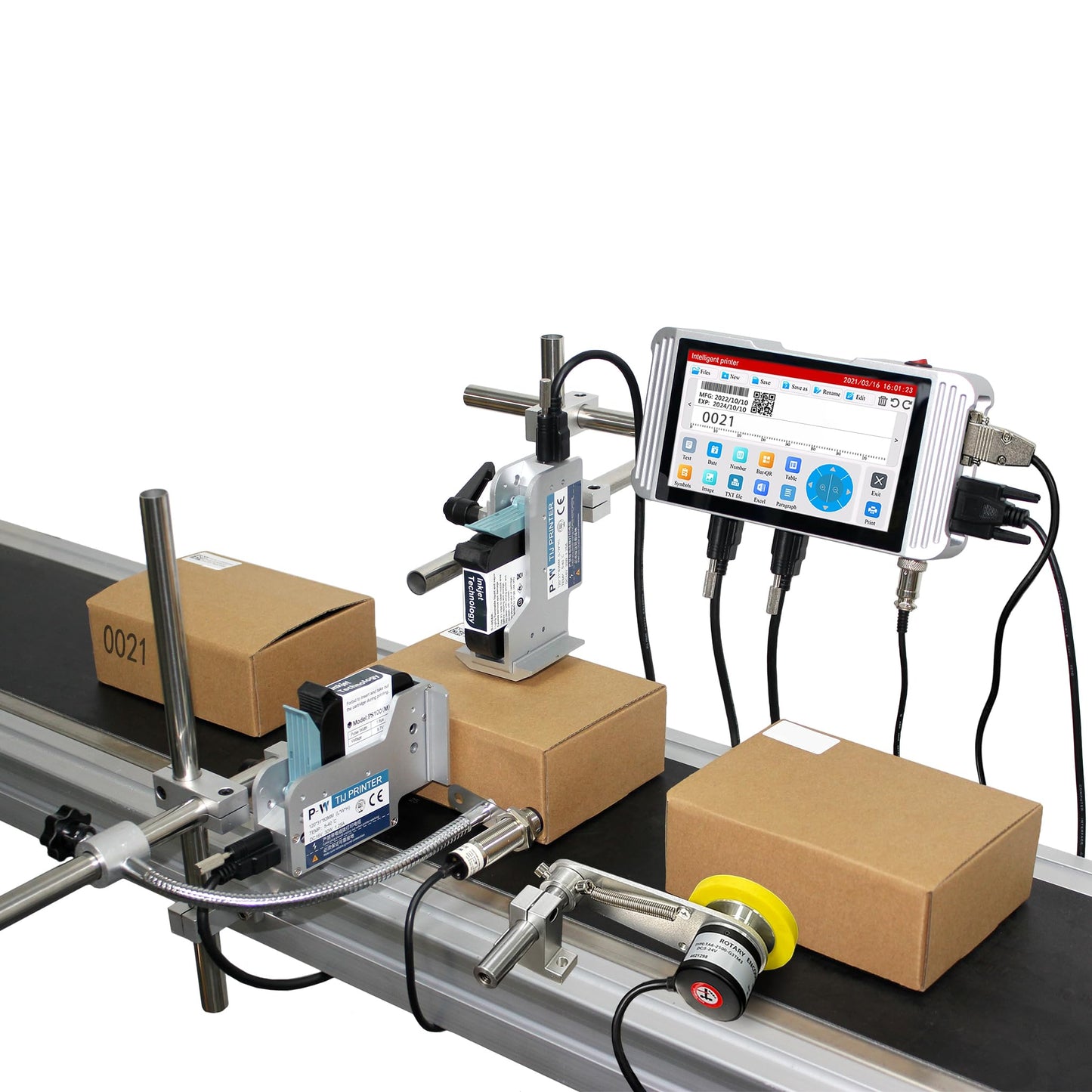Phezer 0.5inch/12.7mm Automatic Online Inkjet Coding Machine for Production Line, 23 Languages, Intelligent Variable Data/Date/Logo/Barcode/Image Thermal Inkjet Printer, (2 Nozzles, 70M/min, PW2)
