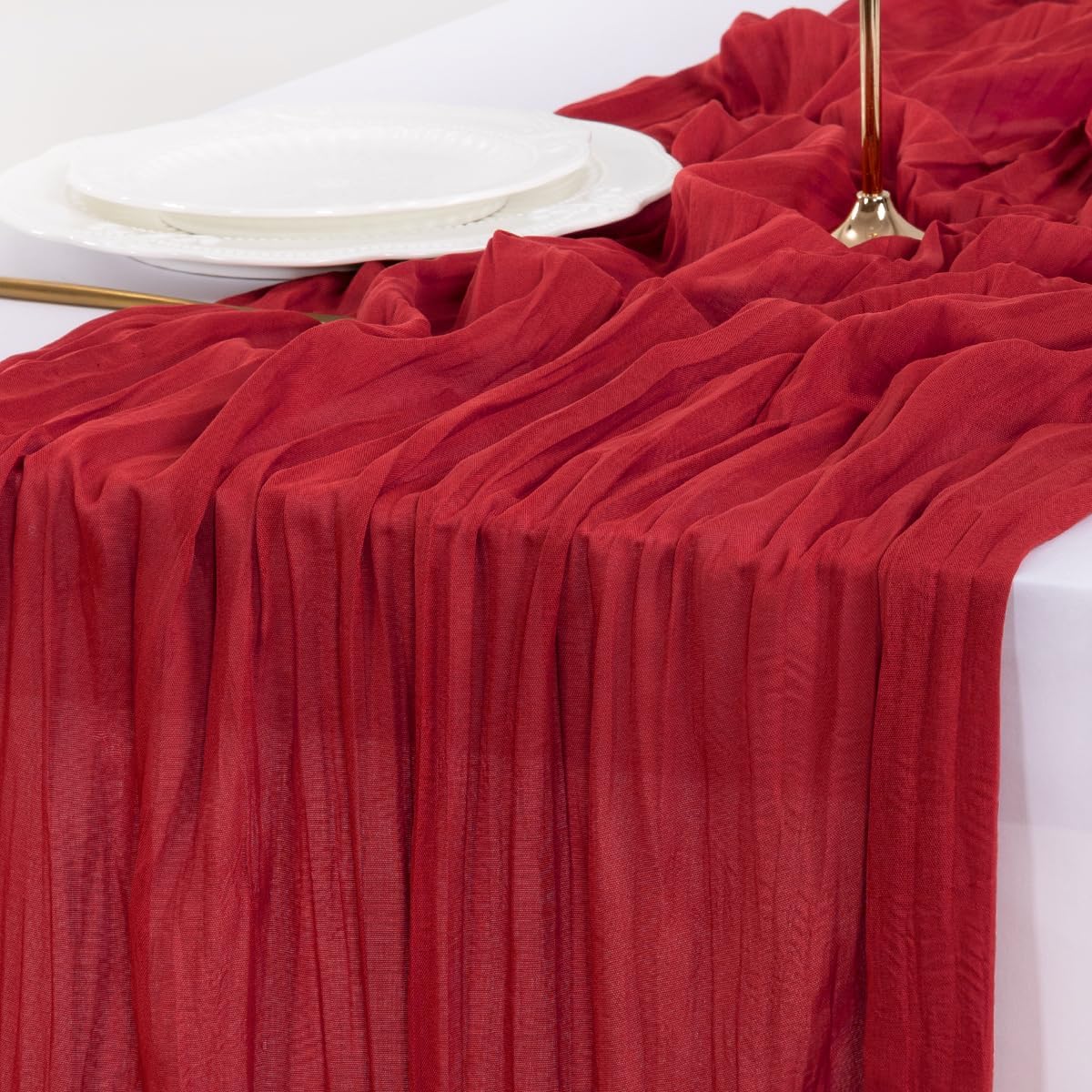 Socomi Cheesecloth Table Runner - 3pcs Red Boho Rustic Design | 120 Inch for Weddings & Events