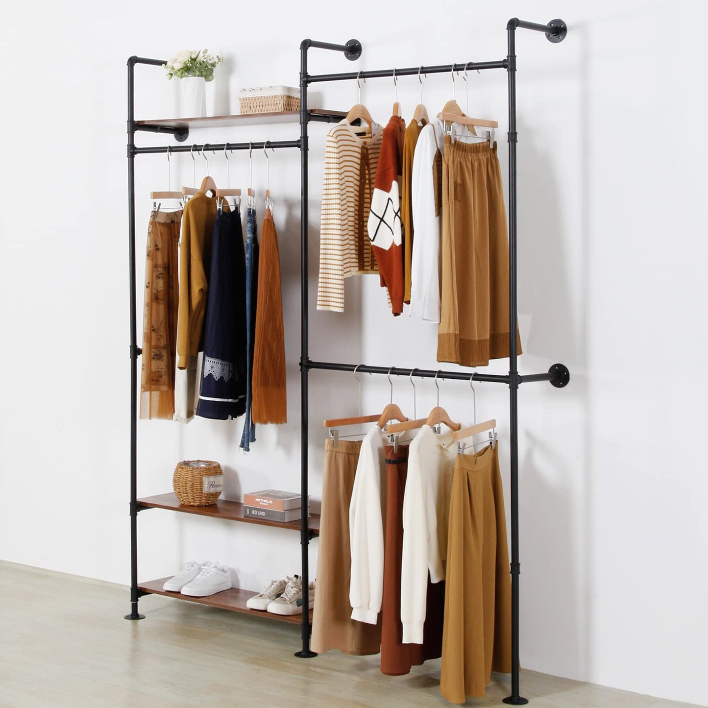 EDCB Industrial Pipe Clothing Rack - Wall Mounted 3-Tier Heavy Duty Metal Garment Rack with Shelves, Black Closet Organizer for Retail Stores & Bedroom (92.1X76.8inch)