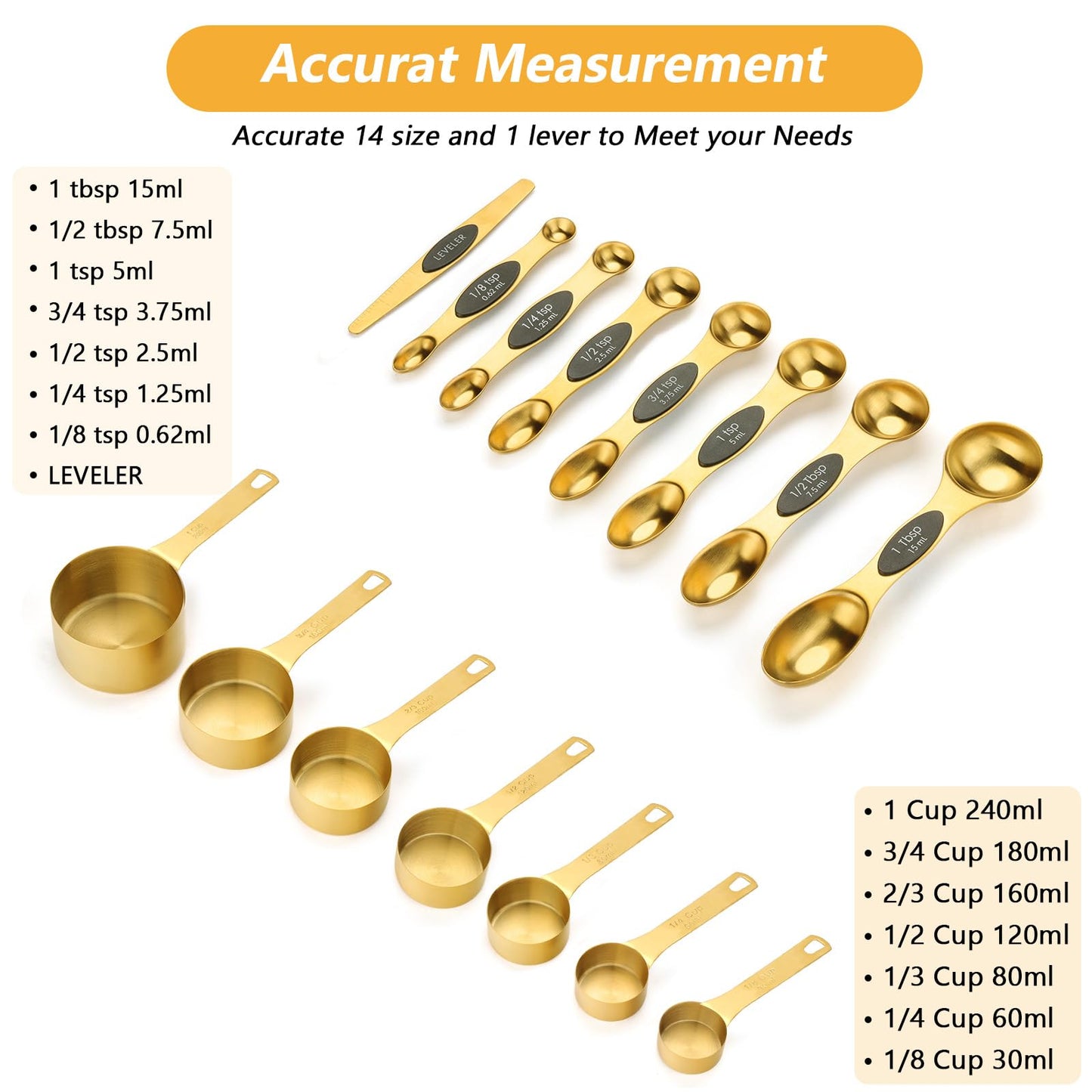 GuDoQi 15pcs Gold Magnetic Measuring Spoons and Cups Set, Stainless Steel 8 Dual Sided Magnetic Measuring Spoons set with Leveler, 7 Cups, Measurement for Liquid and Dry Ingredients for Kitchen