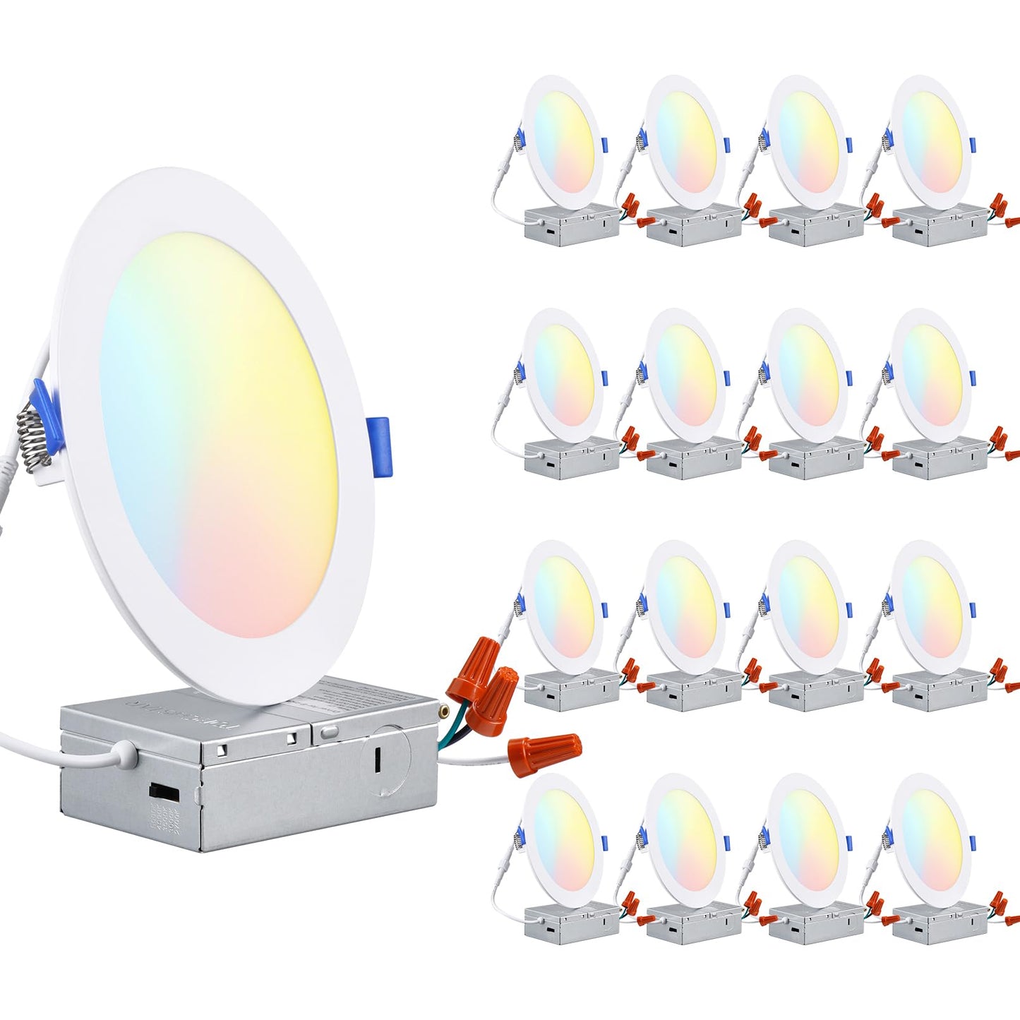 TORCHSTAR 16-Pack Ultra-Thin LED Recessed Lighting 6 Inch 5CCT with Junction Box, Aluminum, 2700K-5000K Selectable, 12W Dimmable Slim LED Downlight, 1000LM High Brightness, ETL & Energy Star