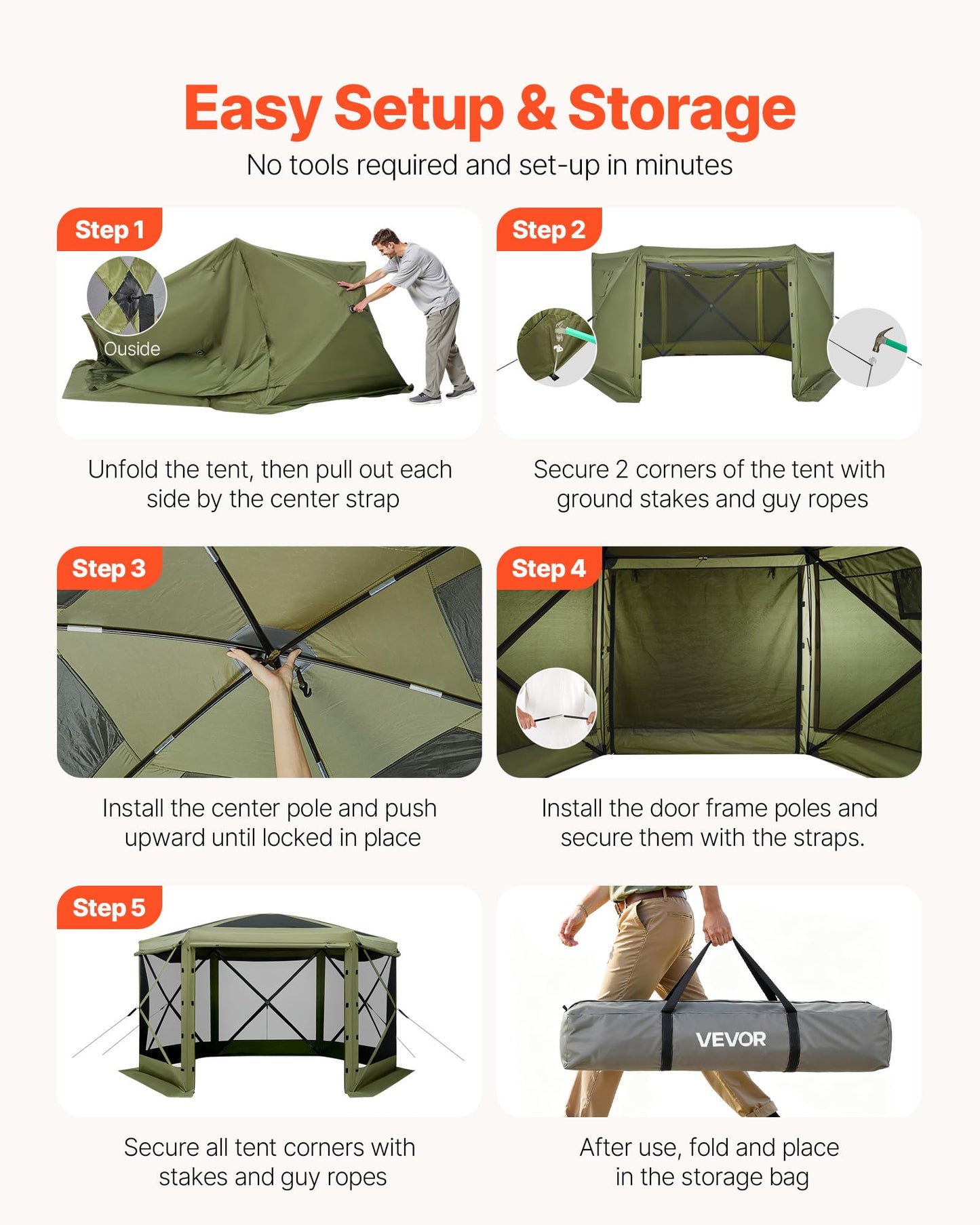 VEVOR Pop up Gazebo Screen Tent, 12 x 12 ft Large 6-Sided Camping Canopy Tent with Removable Top & Carry Bag, Quick-Set & Bite-Proof, Screen House Sun Shelter for 8-10 Persons Backyard Patio, Green